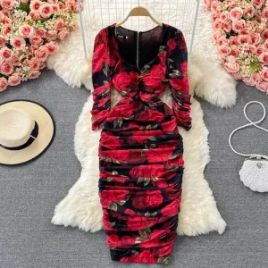 Robe Three-quarter Sleeve Slim Waist Split Dress