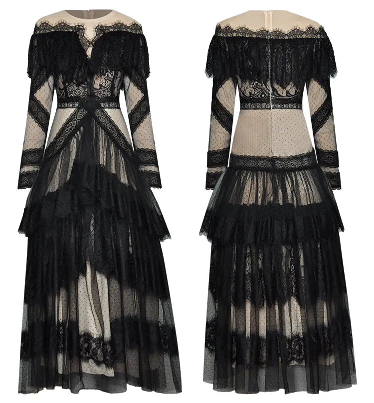Runway Fashion Lace Dress 2022 Designer Mesh Elegant Ruffles
