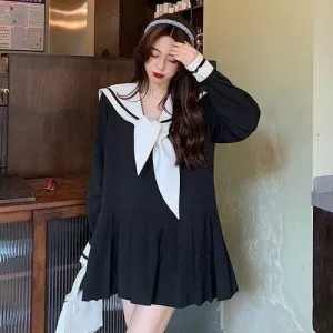 S-XL Plus Size Black/White Sailor Collar Bow Tie Pleated Sweet Dress