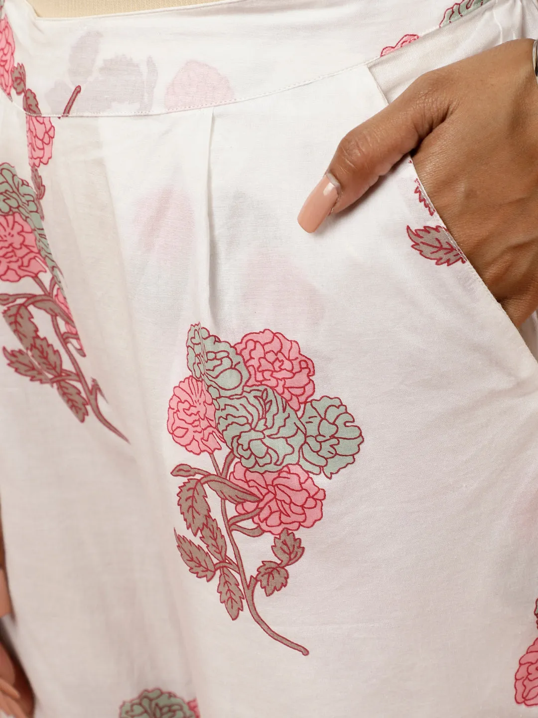 Sage Green Ethnic Floral Printed Straight Kurta With White Printed Sharara And Dupatta
