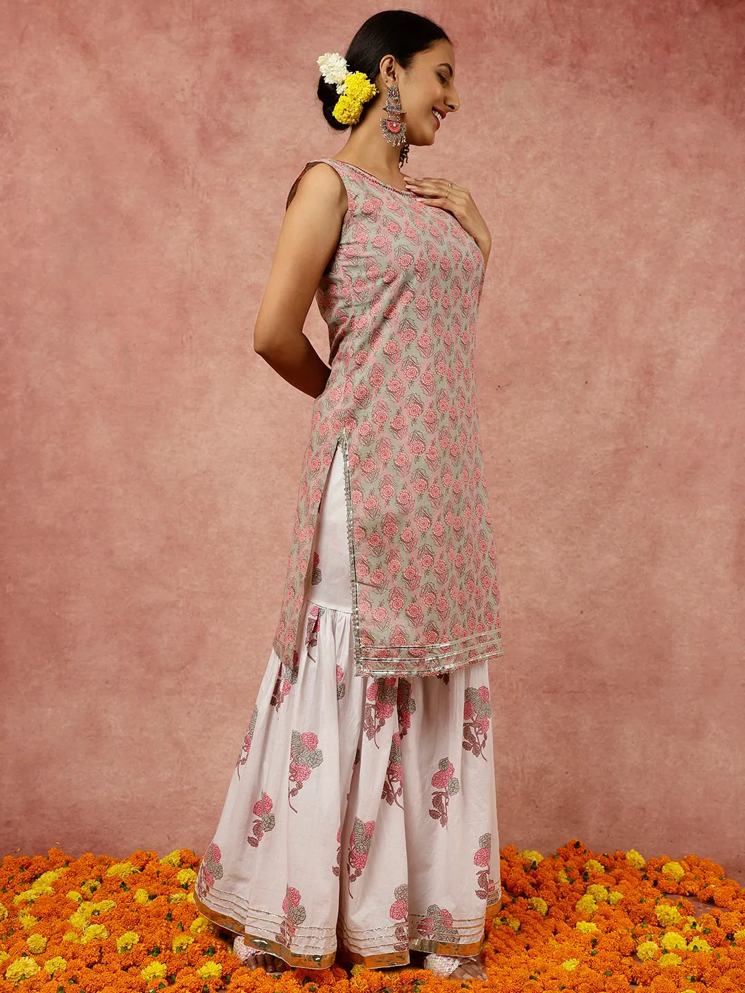 Sage Green Ethnic Floral Printed Straight Kurta With White Printed Sharara And Dupatta