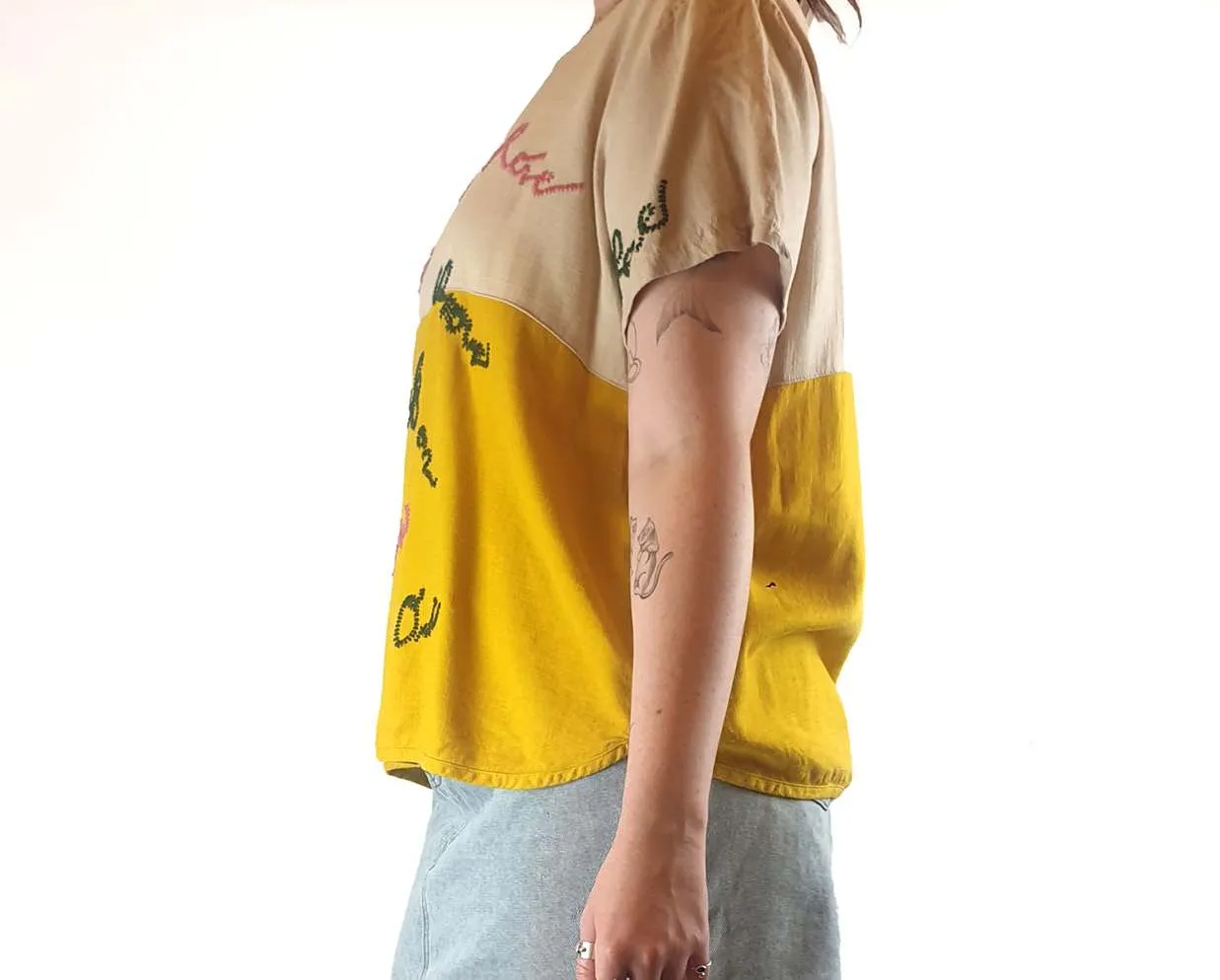 Sahara beige and mustard top with gorgeous and unique embroydery size ML (best fits 12)