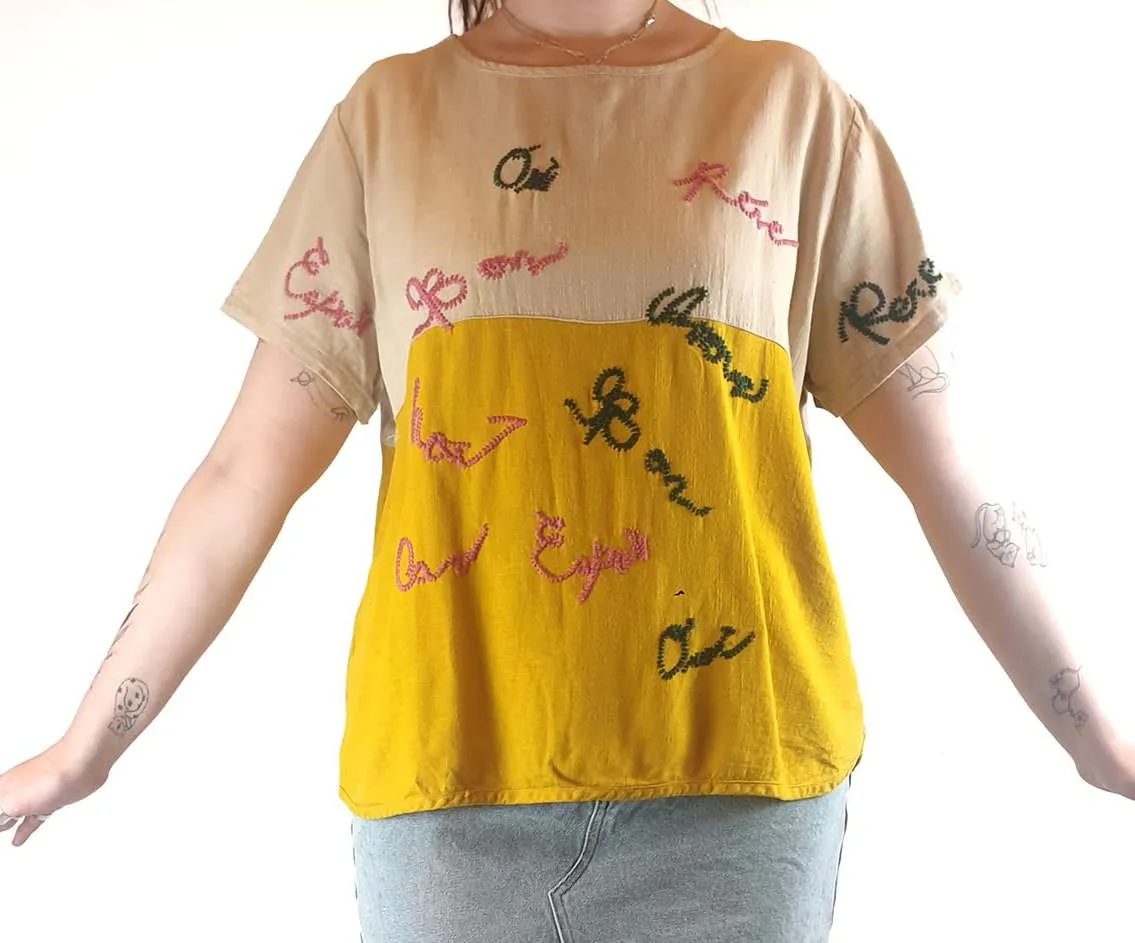 Sahara beige and mustard top with gorgeous and unique embroydery size ML (best fits 12)
