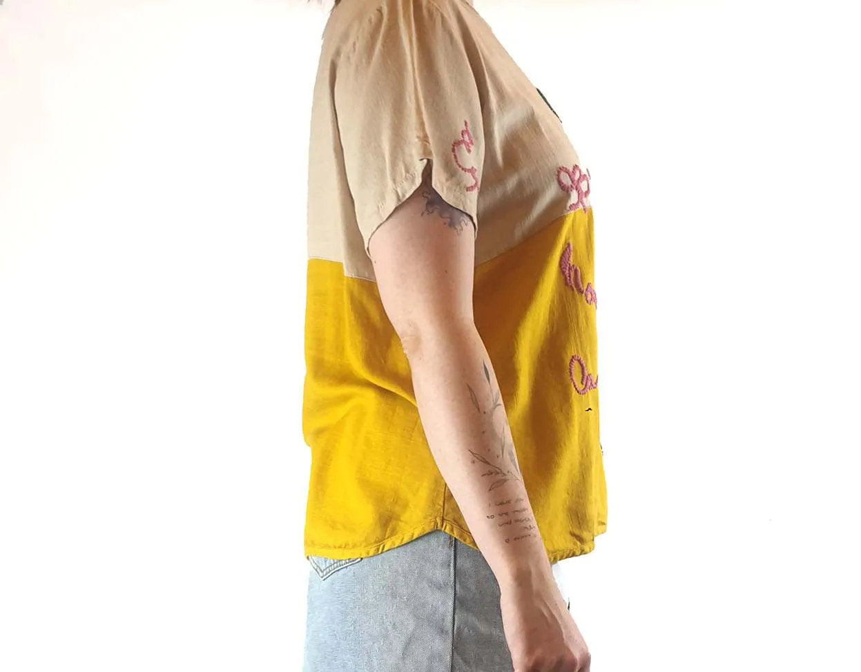 Sahara beige and mustard top with gorgeous and unique embroydery size ML (best fits 12)