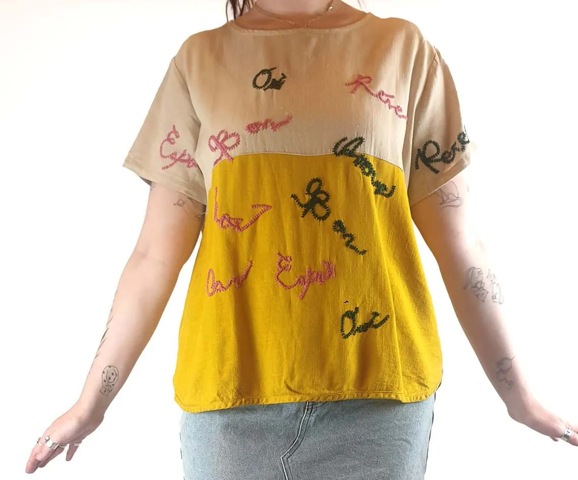 Sahara beige and mustard top with gorgeous and unique embroydery size ML (best fits 12)