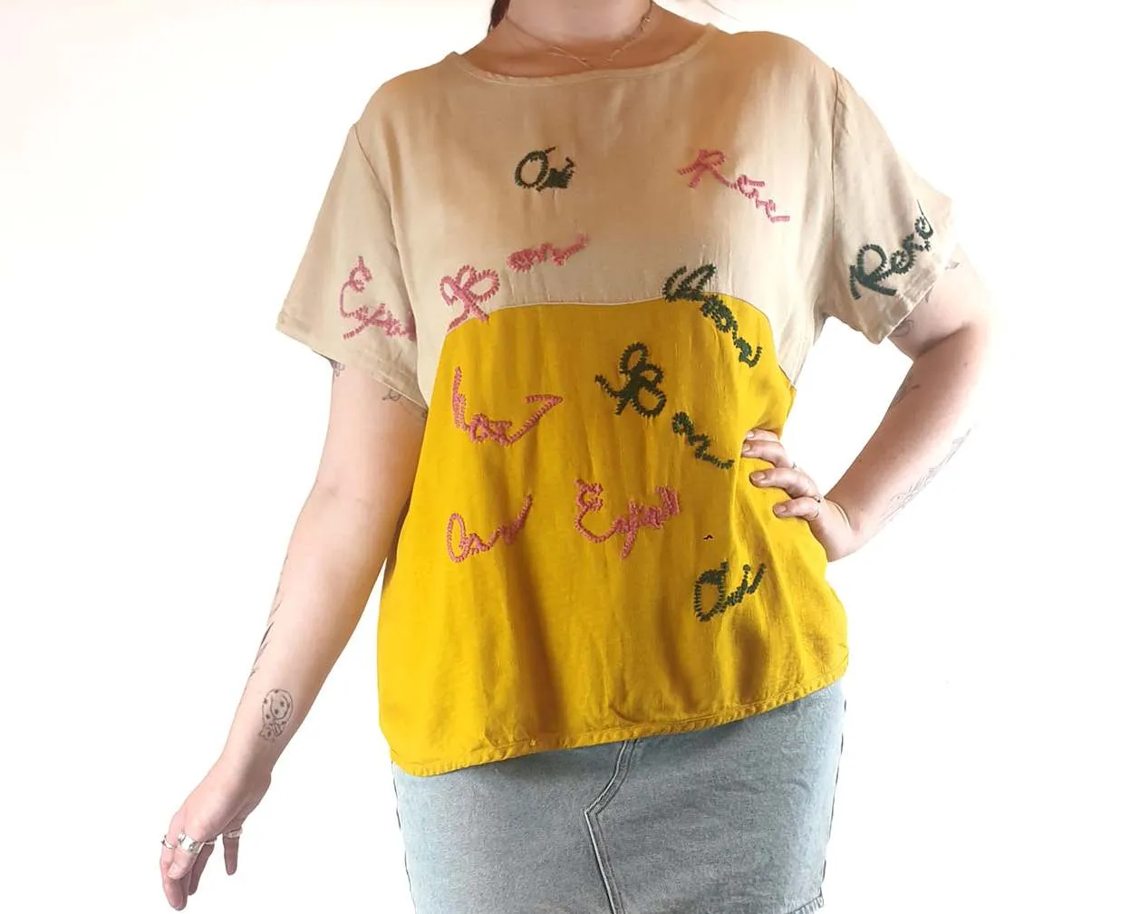 Sahara beige and mustard top with gorgeous and unique embroydery size ML (best fits 12)