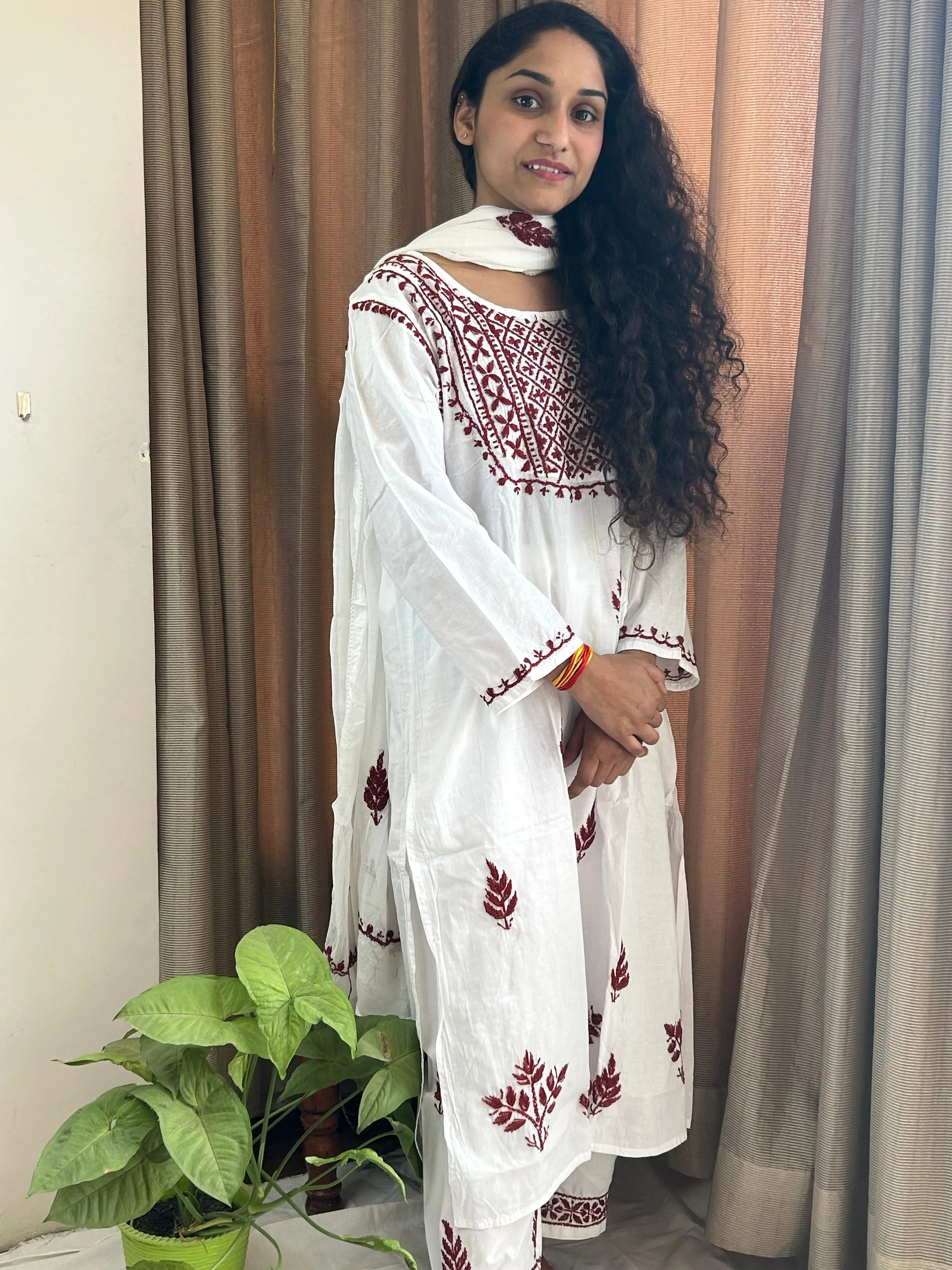 Sahiba White Chikankari cotton Kurti With Pant and Dupatta