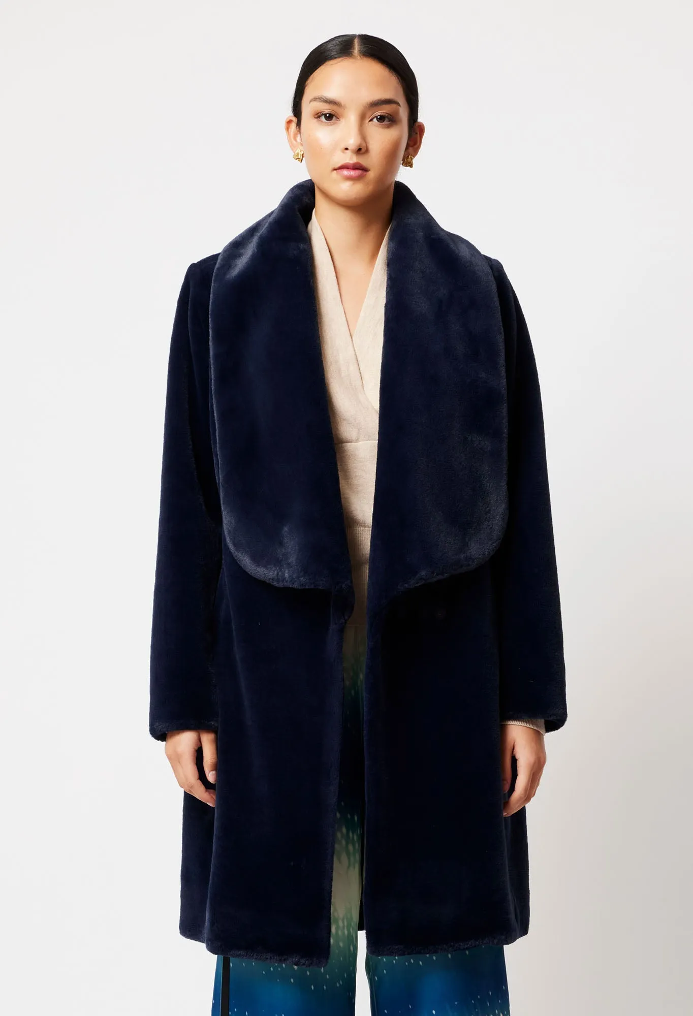 Serena Faux Fur Coat in Navy