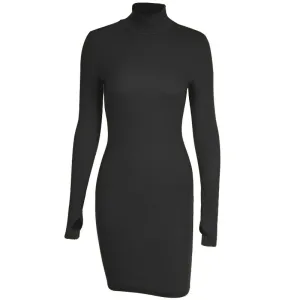 Sexy Rib Knit Warm Mini Dress Solid Turtleneck Skinny Mini Dress