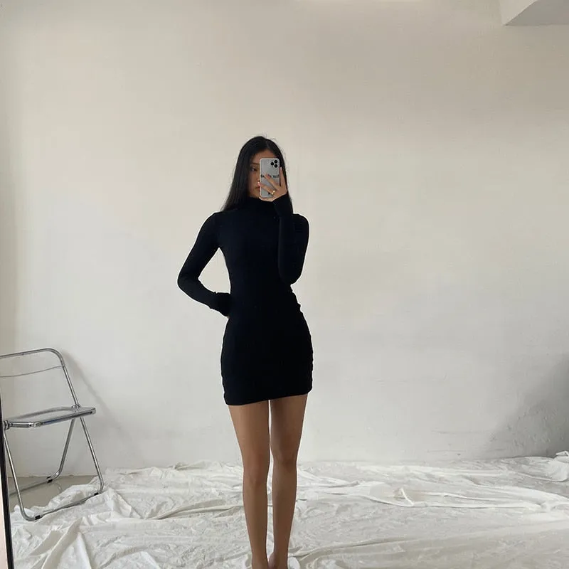 Sexy Rib Knit Warm Mini Dress Solid Turtleneck Skinny Mini Dress