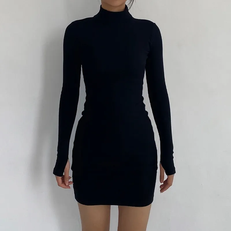 Sexy Rib Knit Warm Mini Dress Solid Turtleneck Skinny Mini Dress