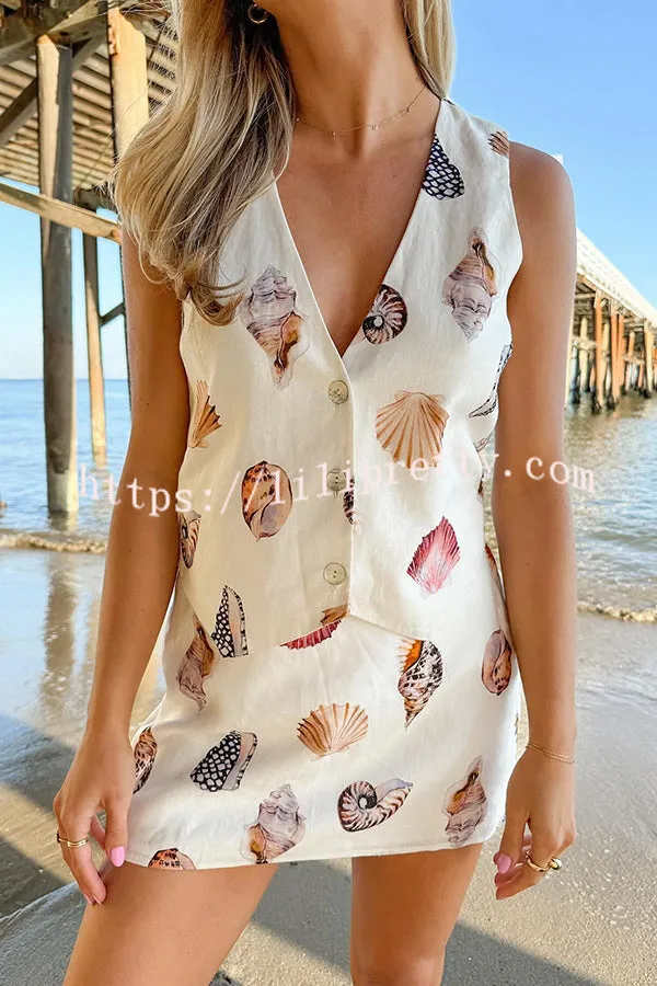 Shells Vacation Linen Blend Unique Print Button Vest and Elastic Waist Mini Skirt Set