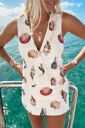 Shells Vacation Linen Blend Unique Print Button Vest and Elastic Waist Mini Skirt Set