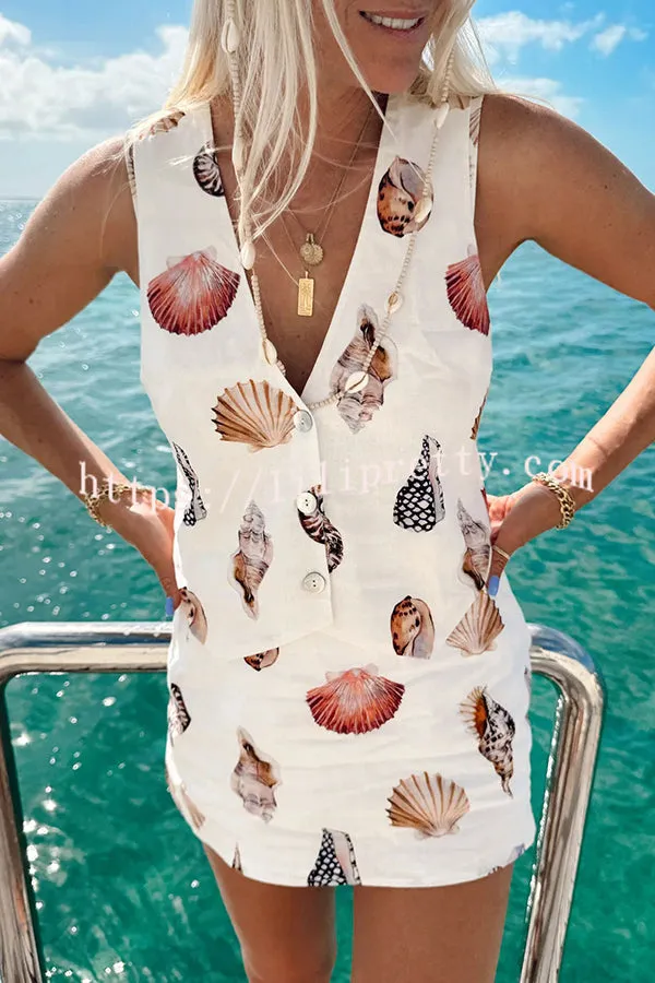 Shells Vacation Linen Blend Unique Print Button Vest and Elastic Waist Mini Skirt Set