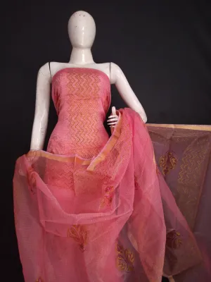 Shop Kota Doria Hand Block Print Suit In Pink