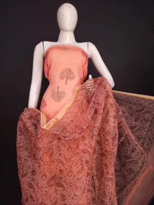 Shop Kota Doria Hand Block Print Suits In Orange