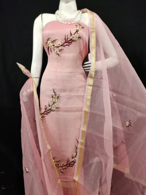 ShopKota Doriya Embroidery Work Suit In Peach