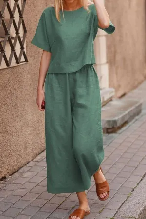 Short Sleeve Solid Color Cotton Pant Suits