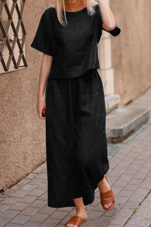 Short Sleeve Solid Color Cotton Pant Suits