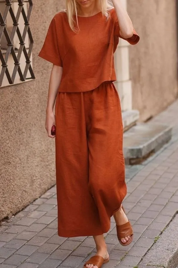 Short Sleeve Solid Color Cotton Pant Suits