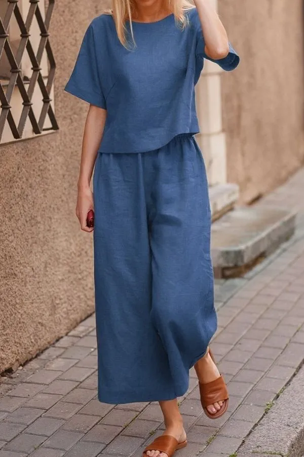 Short Sleeve Solid Color Cotton Pant Suits