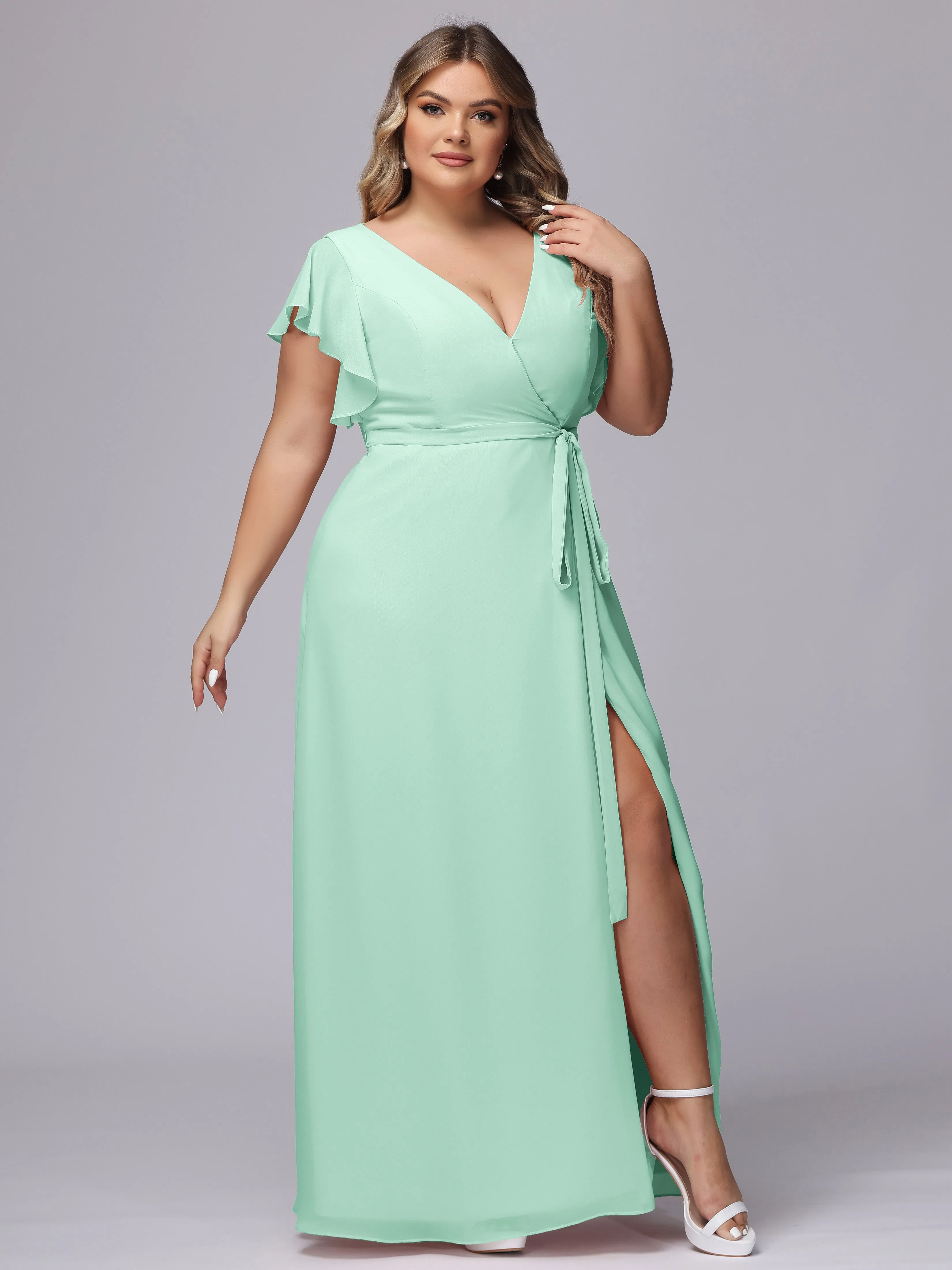 Simple V-neck Ruffled Sleeves Plus Size Chiffon Bridesmaid Dress