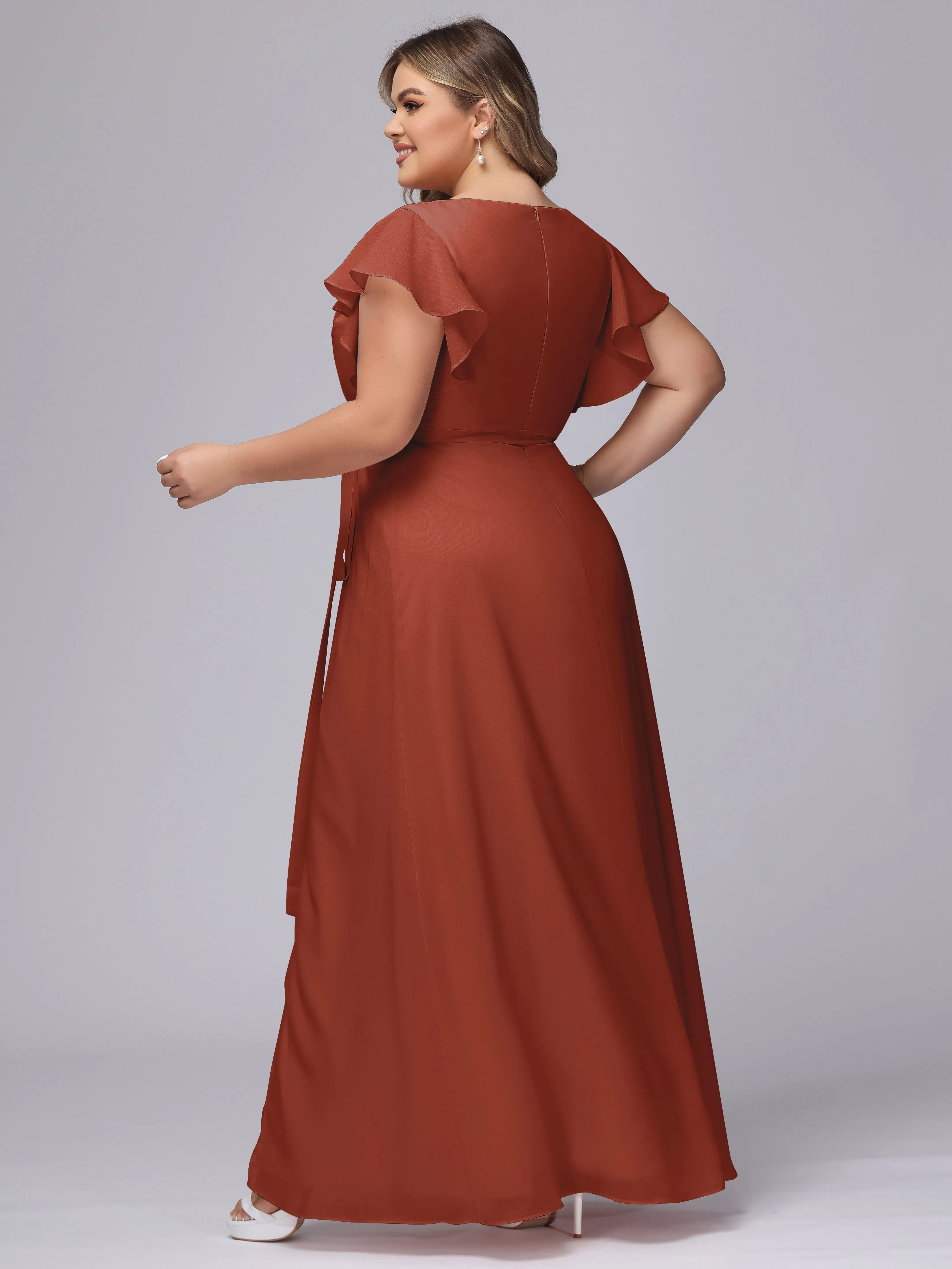 Simple V-neck Ruffled Sleeves Plus Size Chiffon Bridesmaid Dress