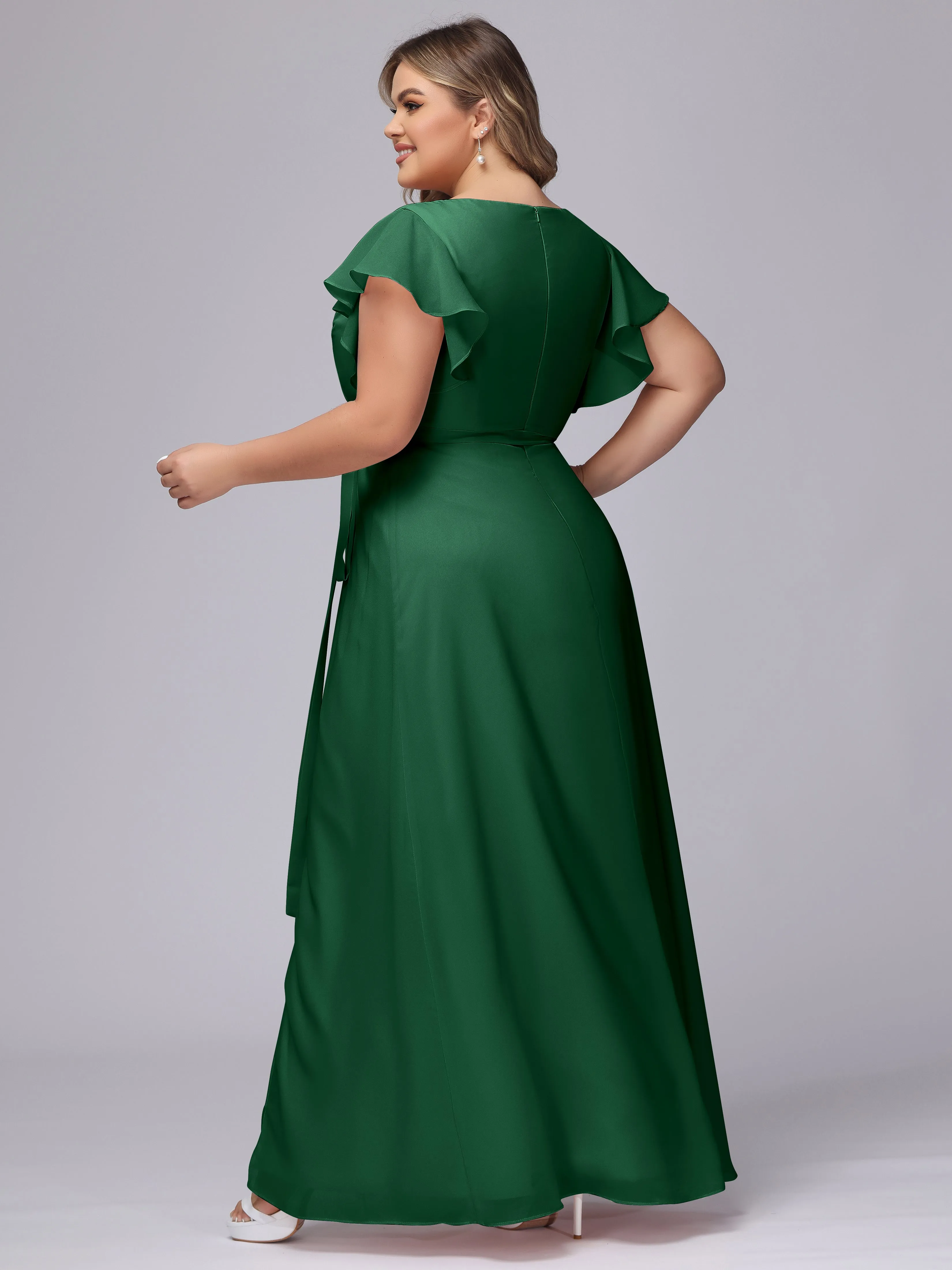 Simple V-neck Ruffled Sleeves Plus Size Chiffon Bridesmaid Dress
