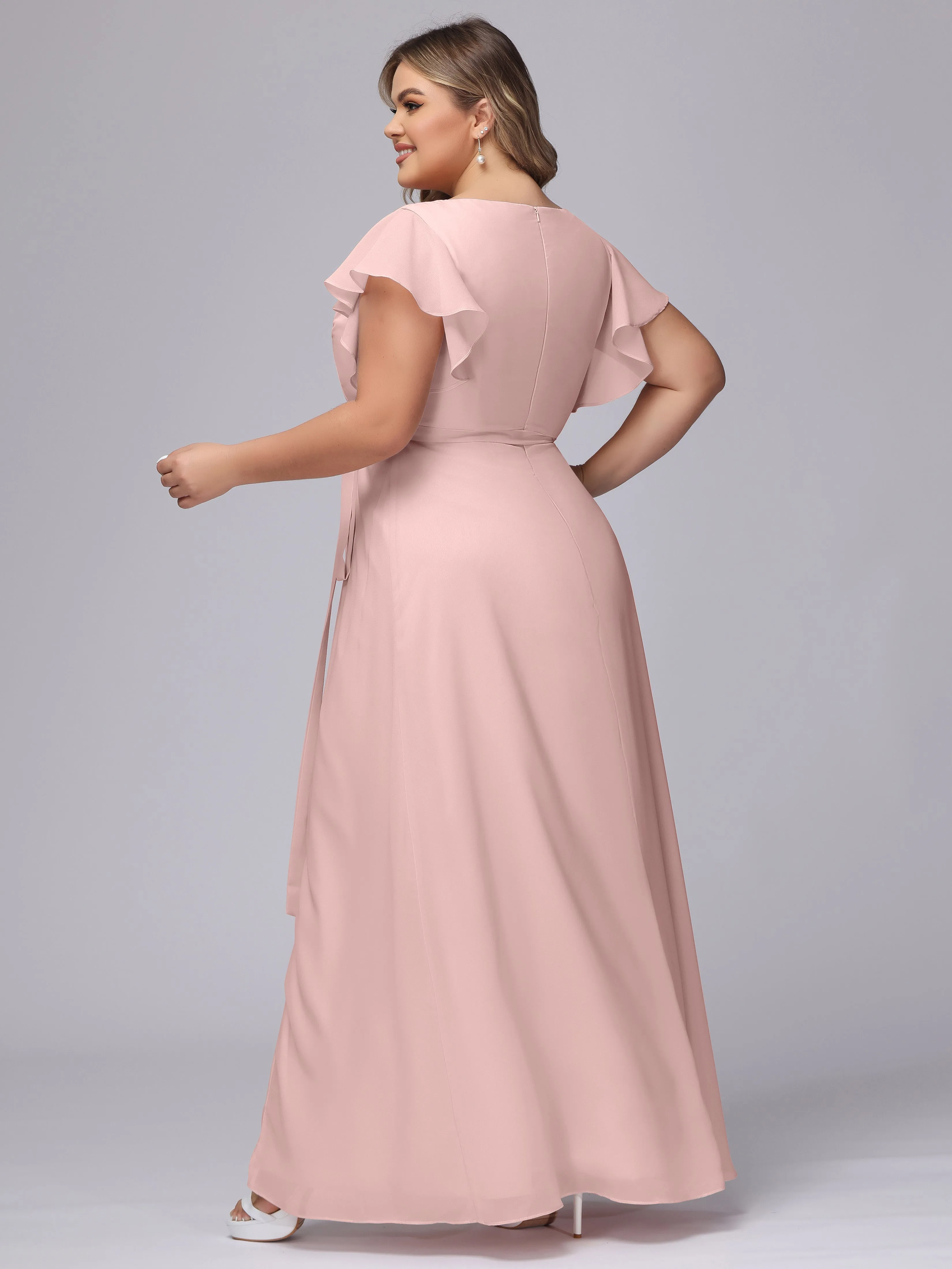 Simple V-neck Ruffled Sleeves Plus Size Chiffon Bridesmaid Dress