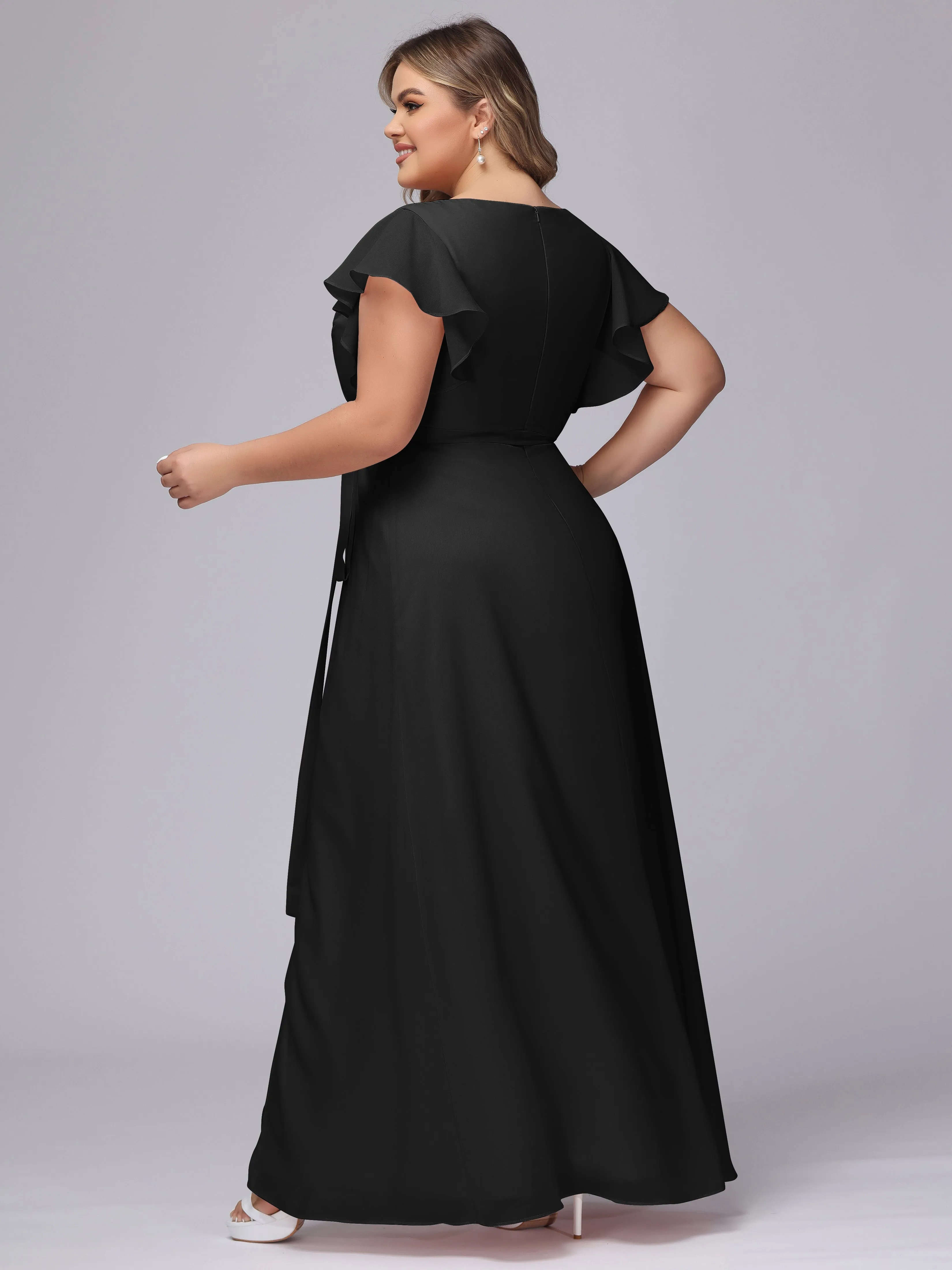 Simple V-neck Ruffled Sleeves Plus Size Chiffon Bridesmaid Dress