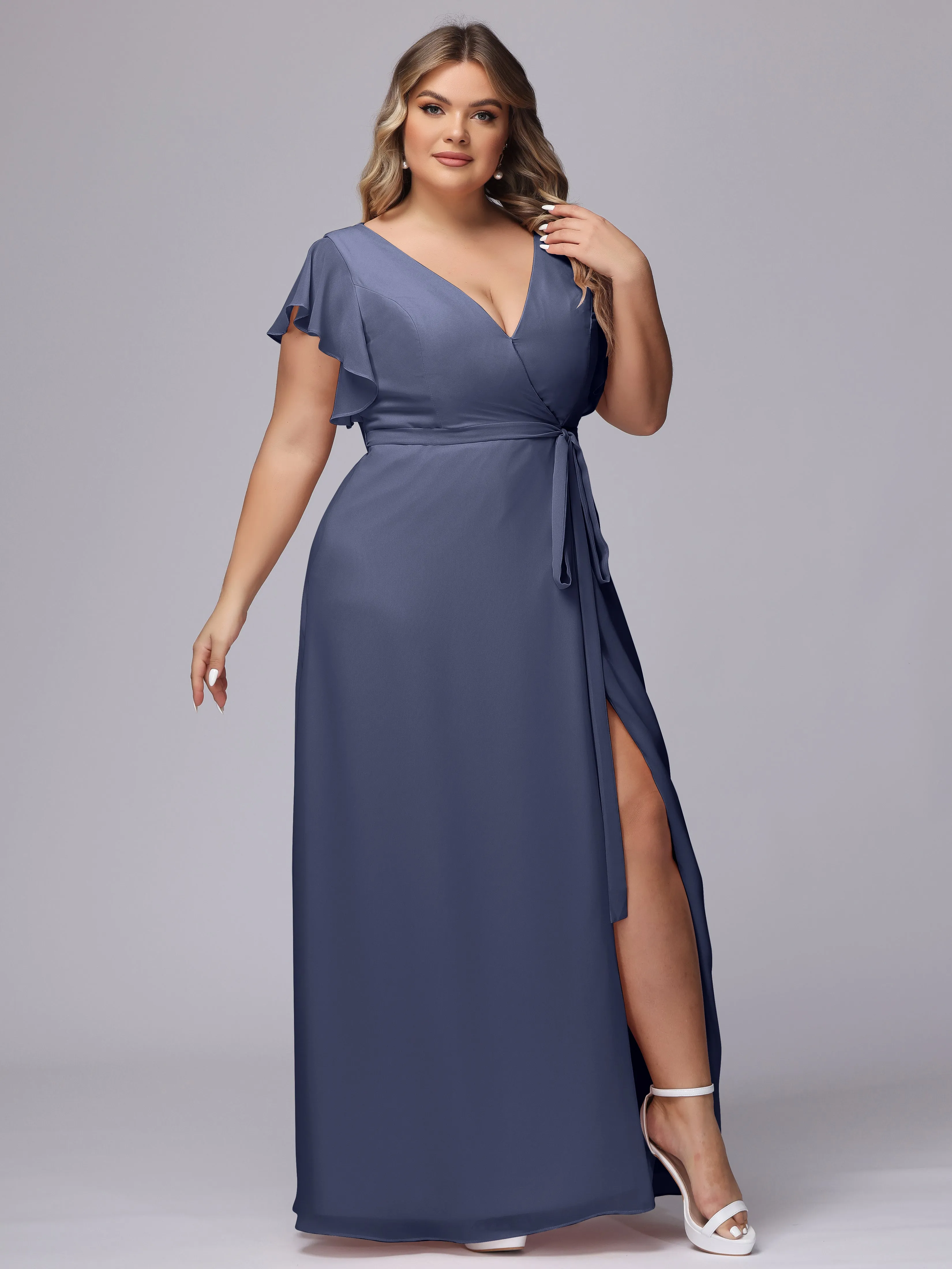 Simple V-neck Ruffled Sleeves Plus Size Chiffon Bridesmaid Dress