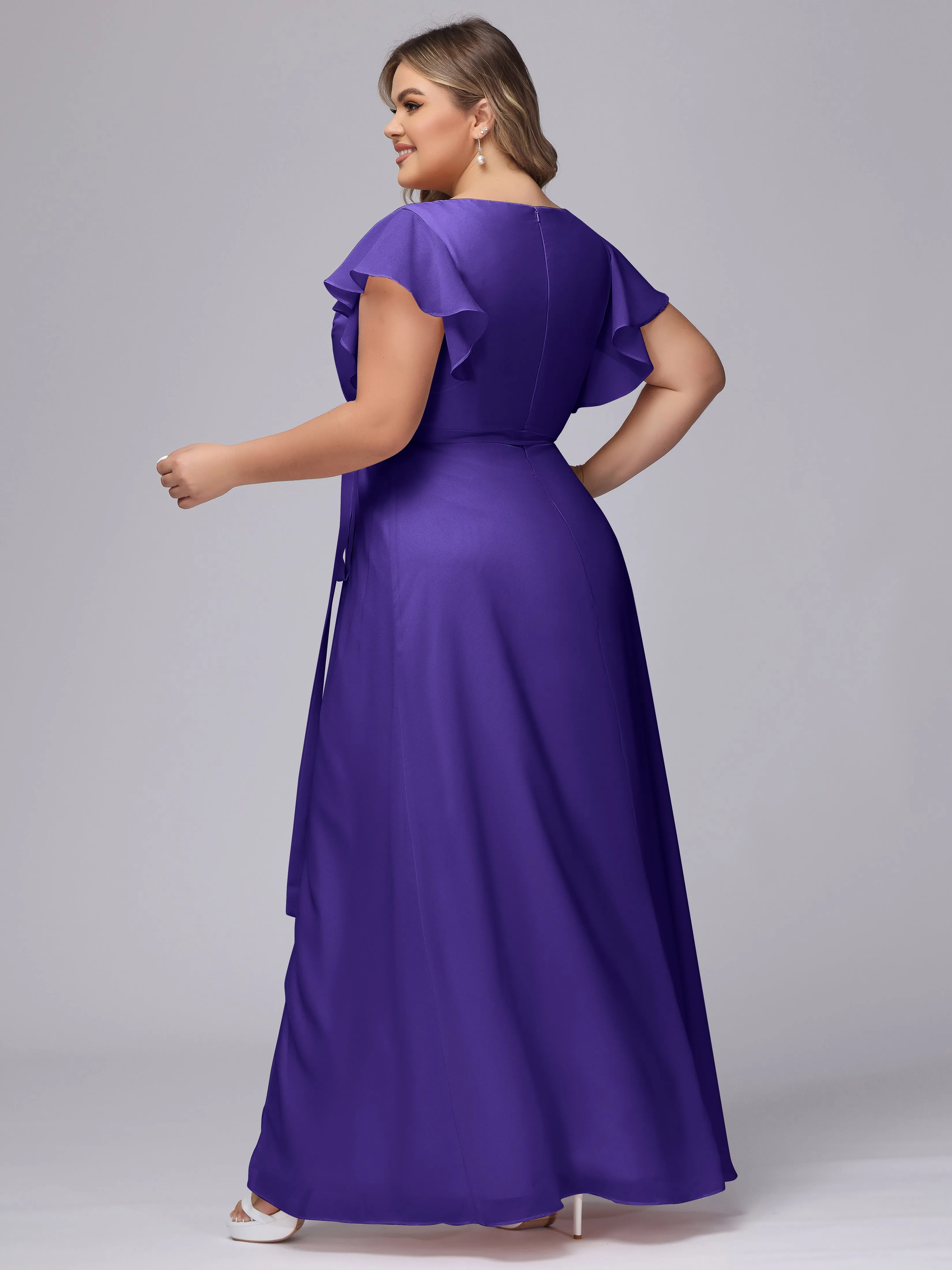 Simple V-neck Ruffled Sleeves Plus Size Chiffon Bridesmaid Dress