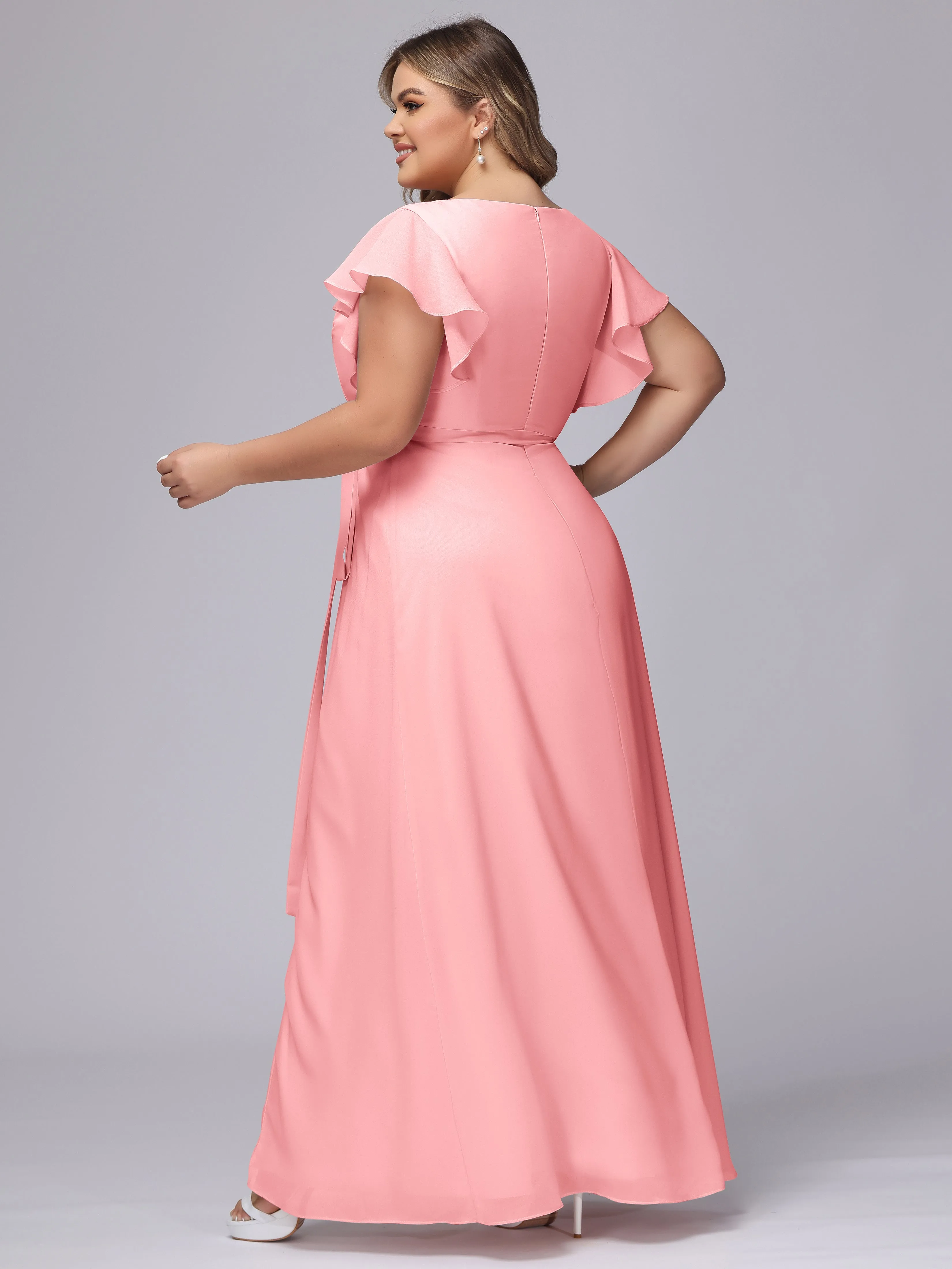 Simple V-neck Ruffled Sleeves Plus Size Chiffon Bridesmaid Dress