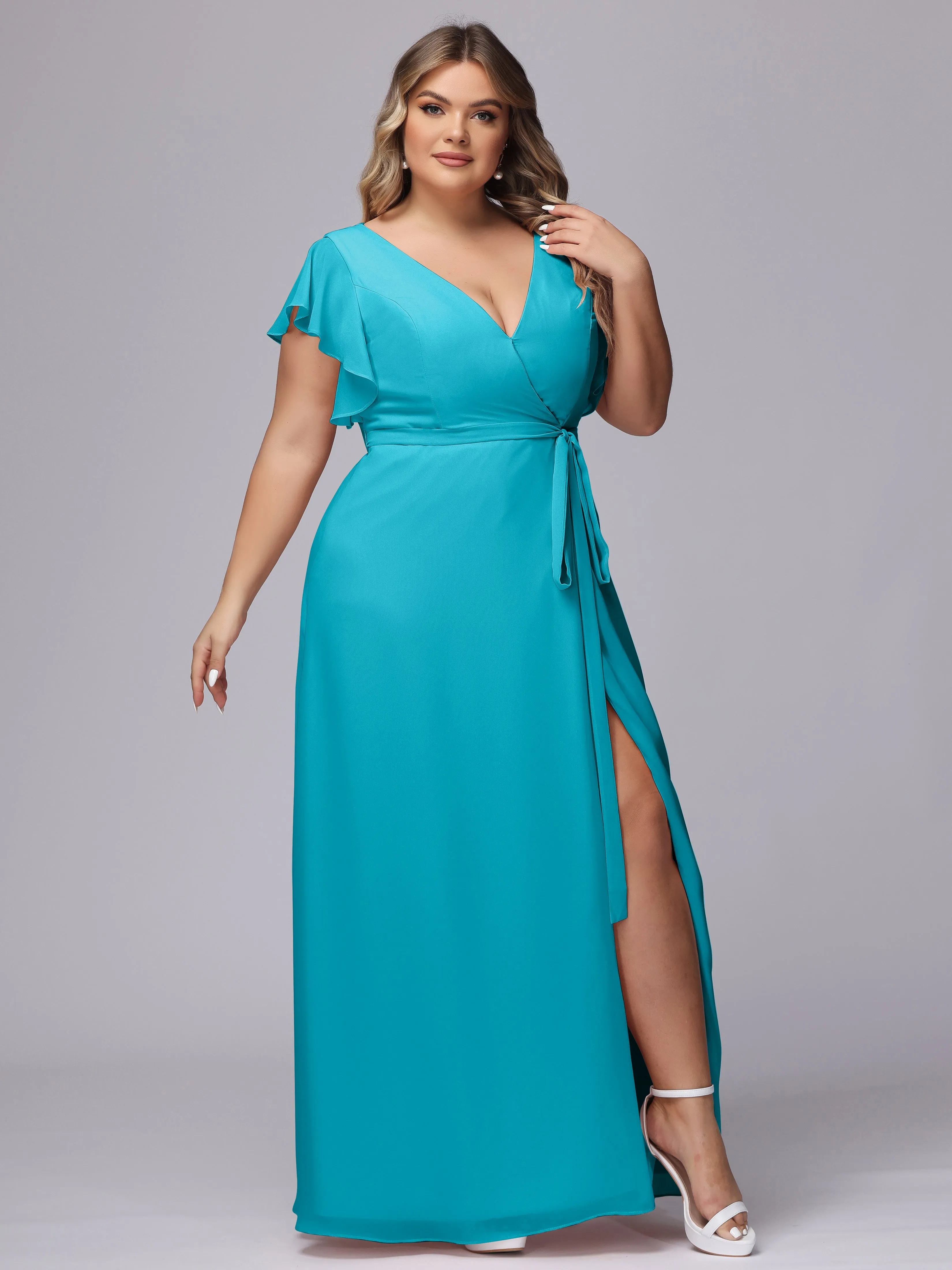 Simple V-neck Ruffled Sleeves Plus Size Chiffon Bridesmaid Dress