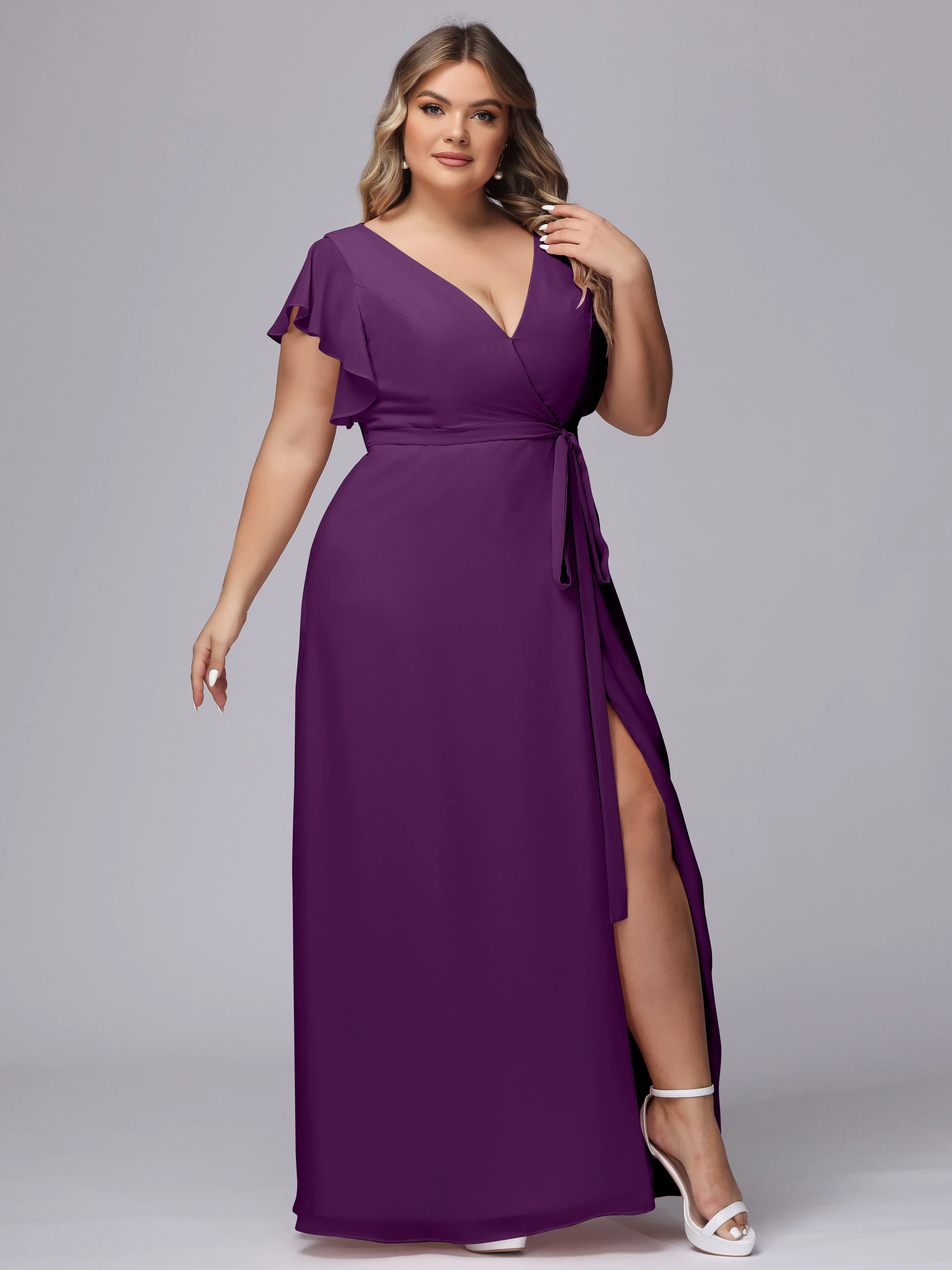 Simple V-neck Ruffled Sleeves Plus Size Chiffon Bridesmaid Dress