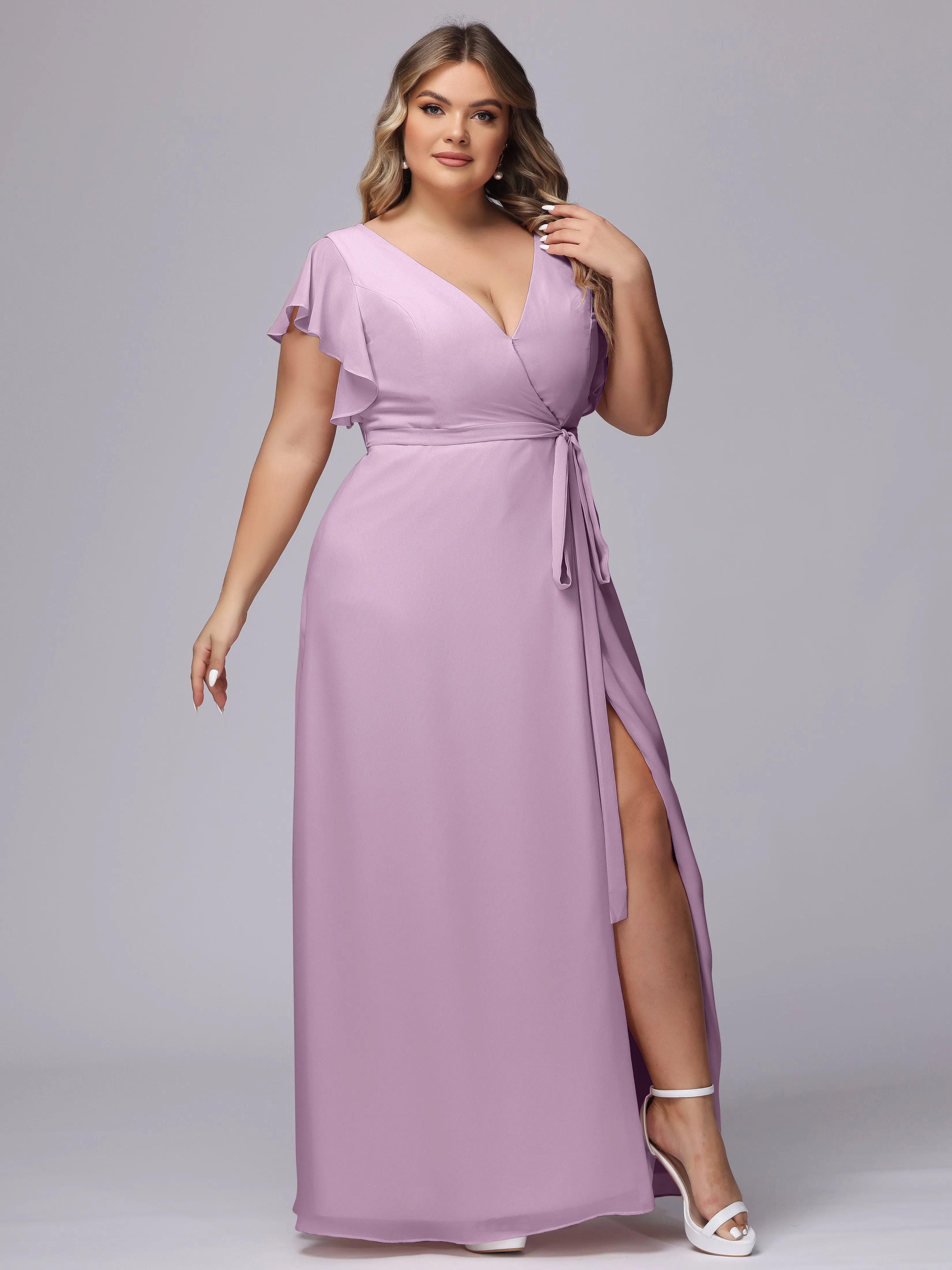 Simple V-neck Ruffled Sleeves Plus Size Chiffon Bridesmaid Dress