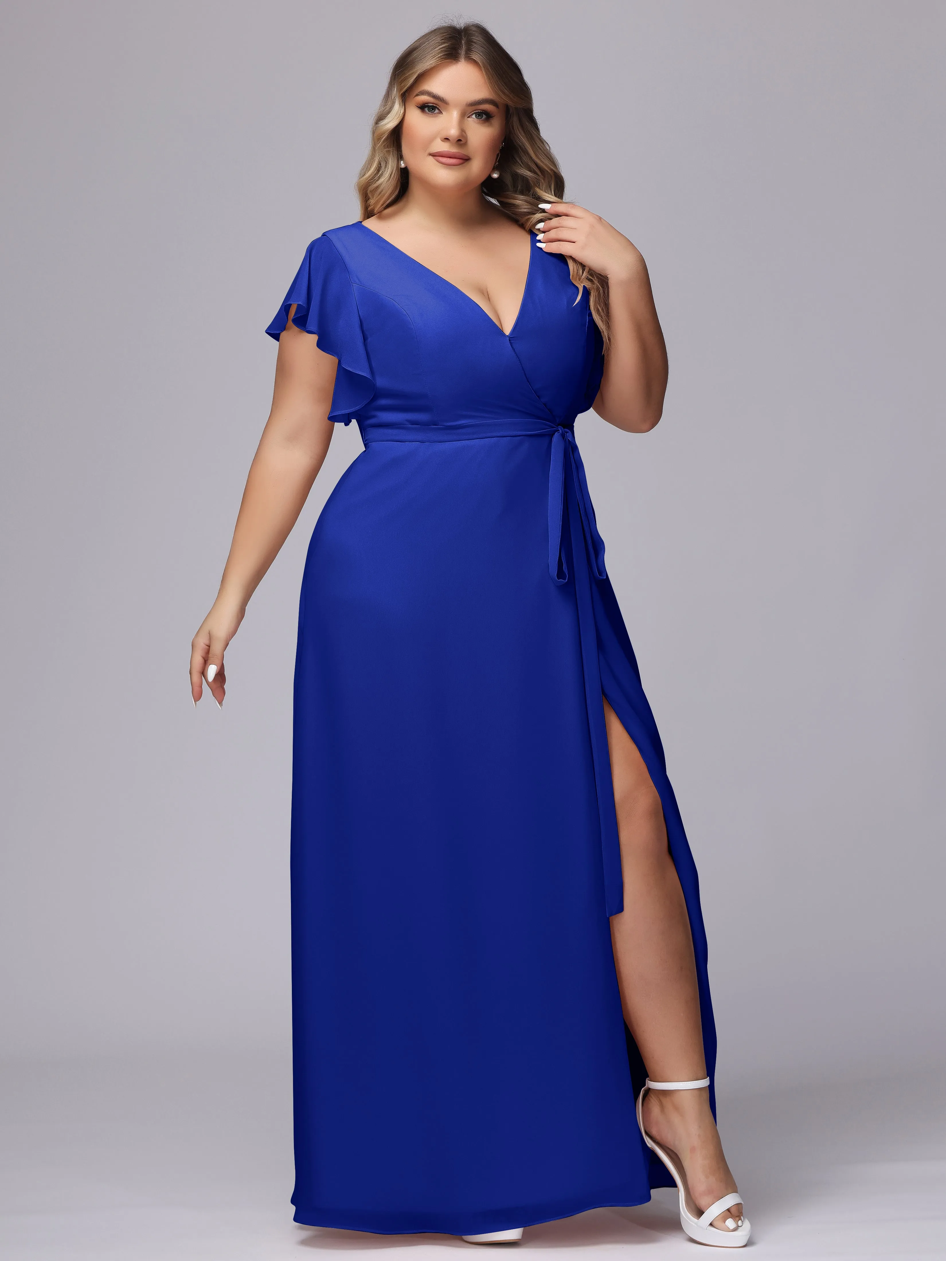 Simple V-neck Ruffled Sleeves Plus Size Chiffon Bridesmaid Dress