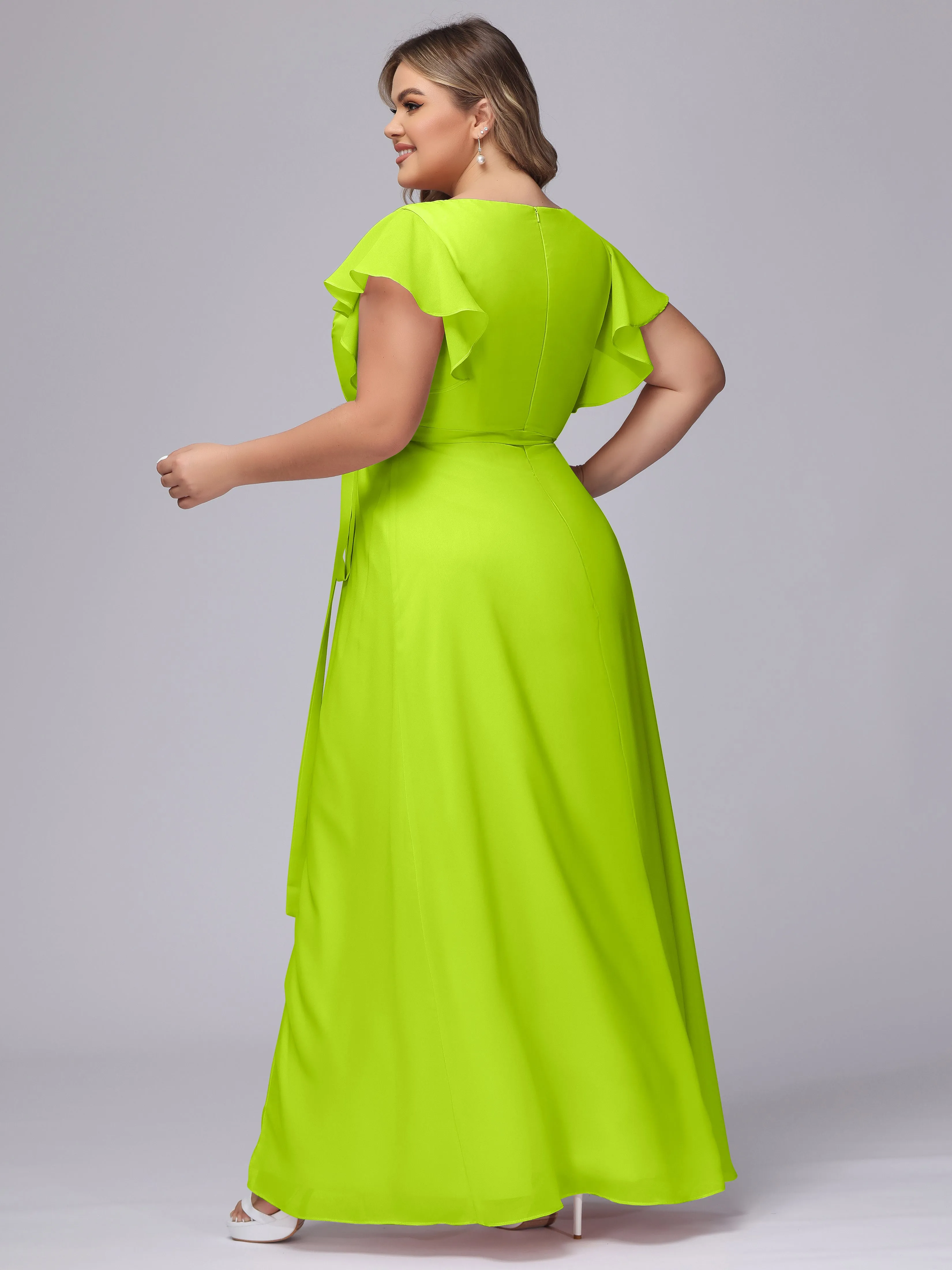 Simple V-neck Ruffled Sleeves Plus Size Chiffon Bridesmaid Dress