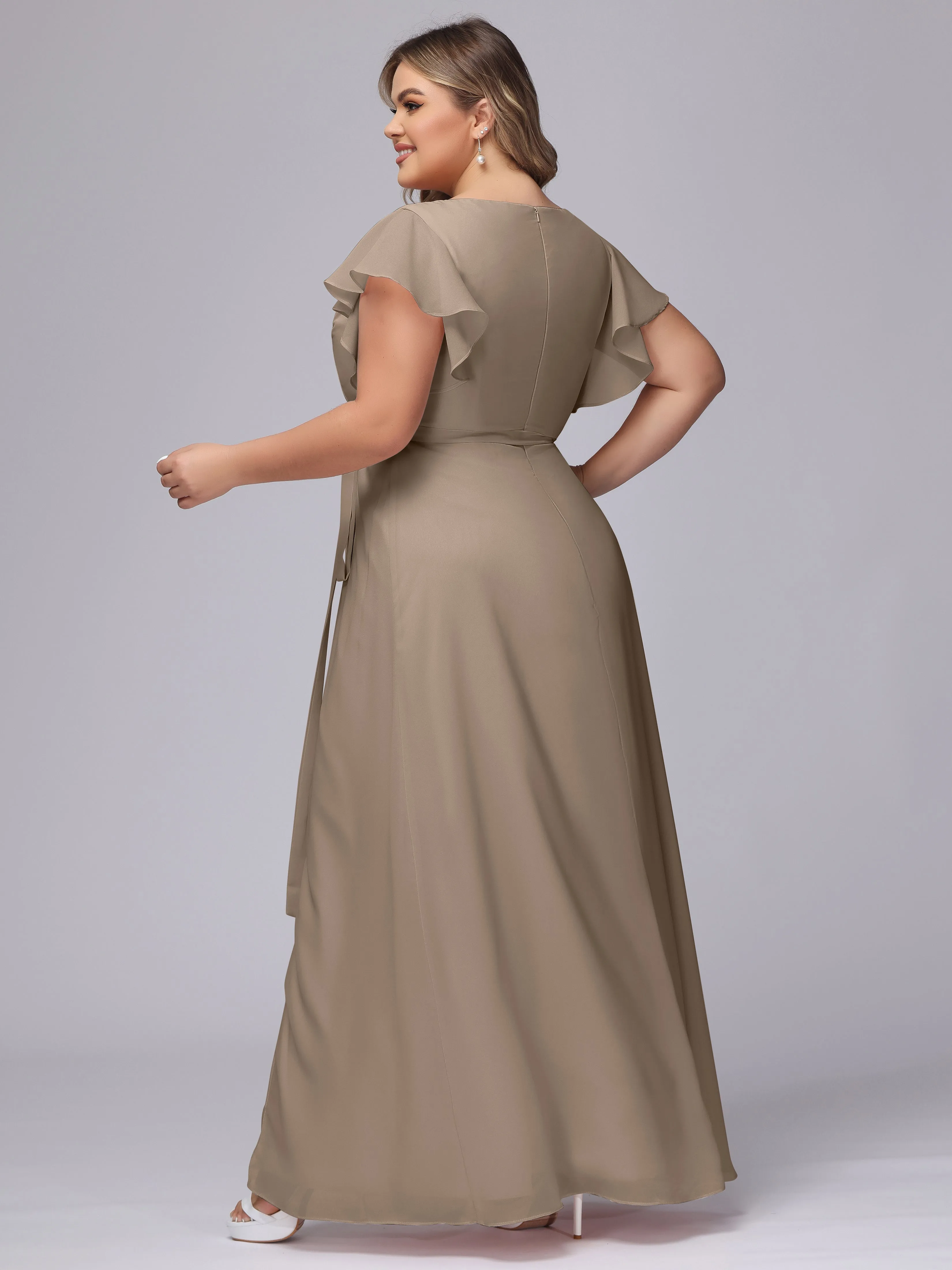 Simple V-neck Ruffled Sleeves Plus Size Chiffon Bridesmaid Dress