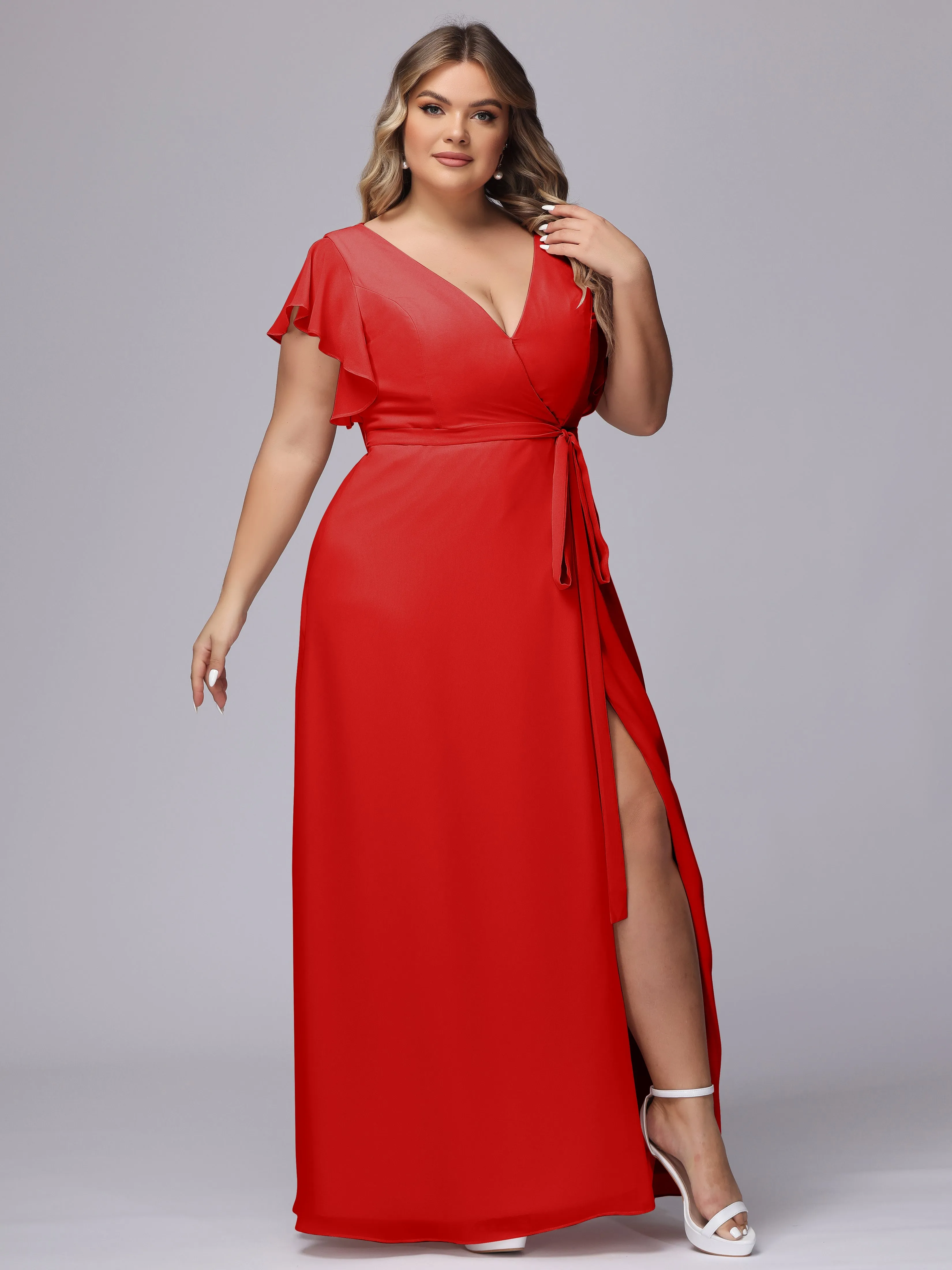 Simple V-neck Ruffled Sleeves Plus Size Chiffon Bridesmaid Dress