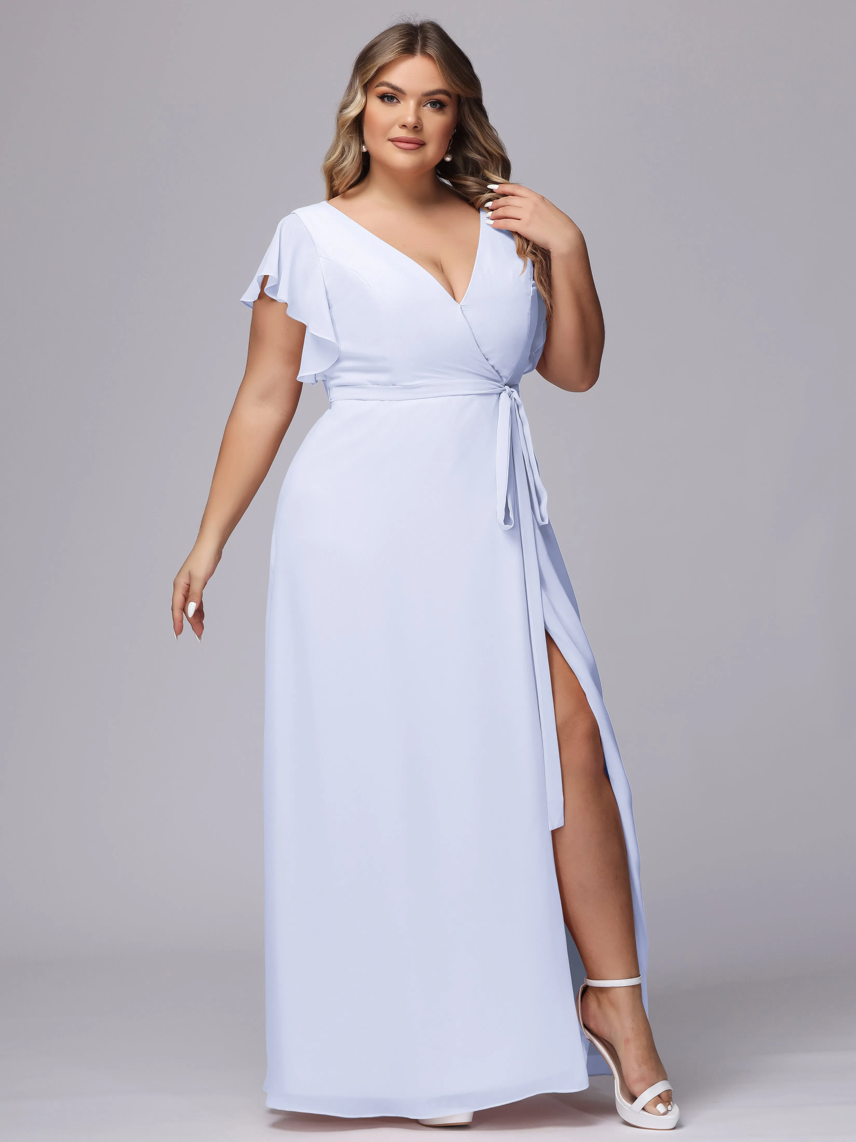 Simple V-neck Ruffled Sleeves Plus Size Chiffon Bridesmaid Dress