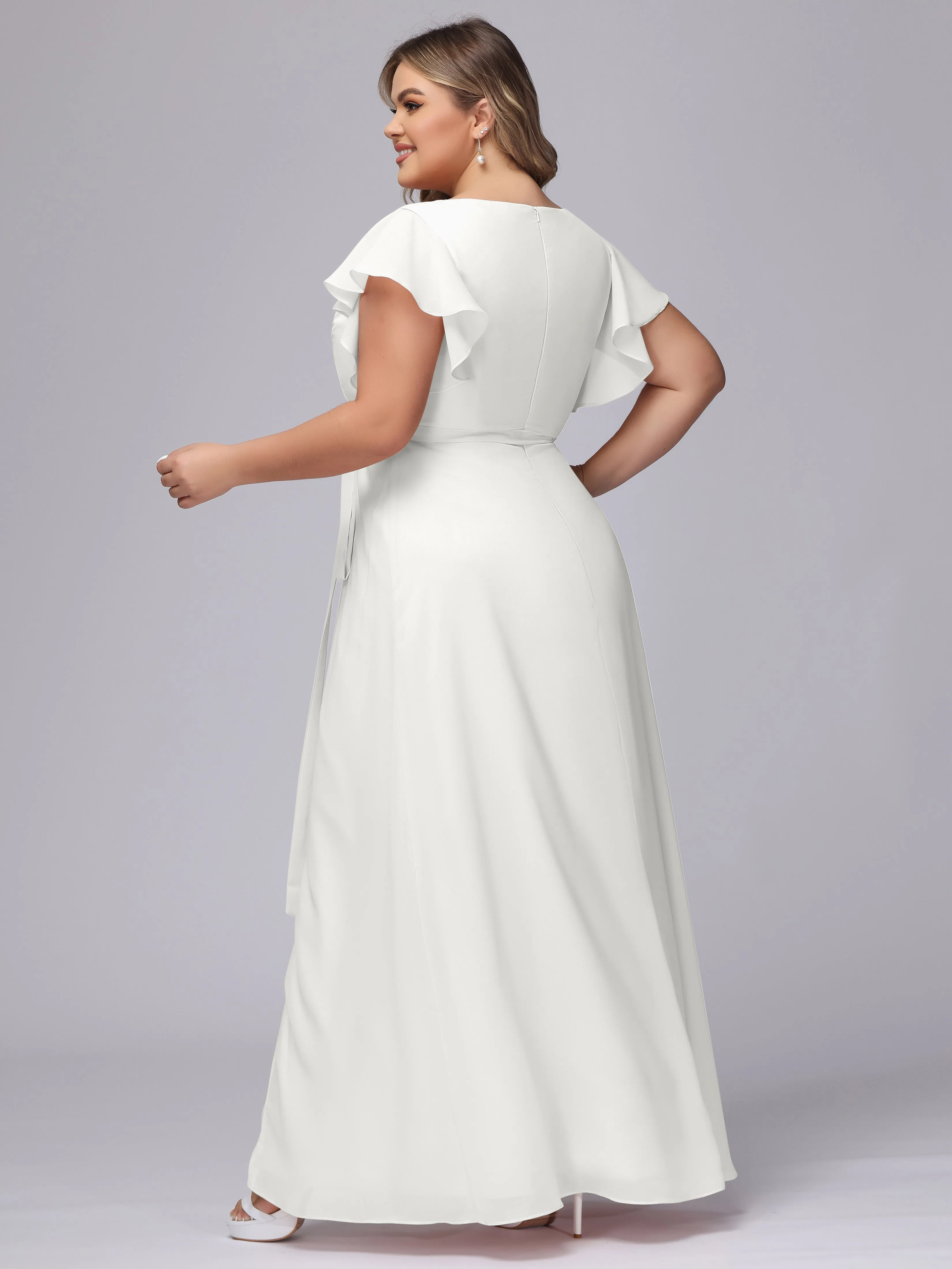 Simple V-neck Ruffled Sleeves Plus Size Chiffon Bridesmaid Dress