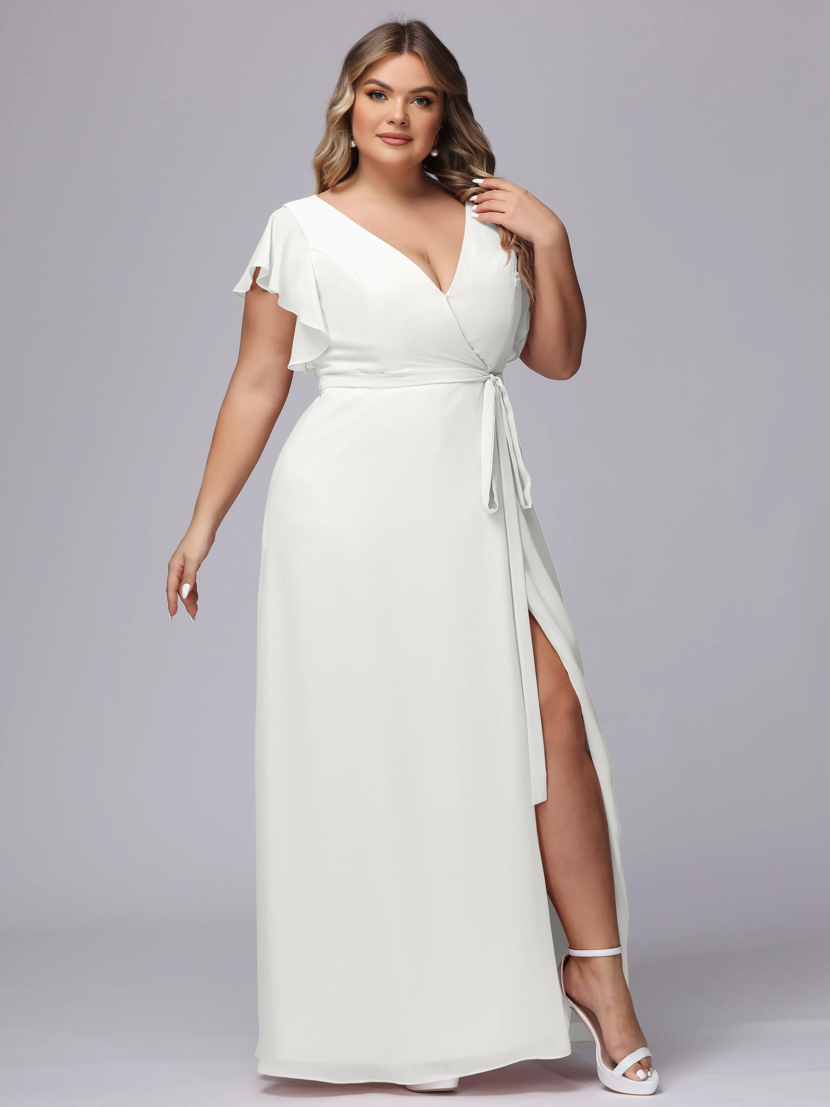 Simple V-neck Ruffled Sleeves Plus Size Chiffon Bridesmaid Dress