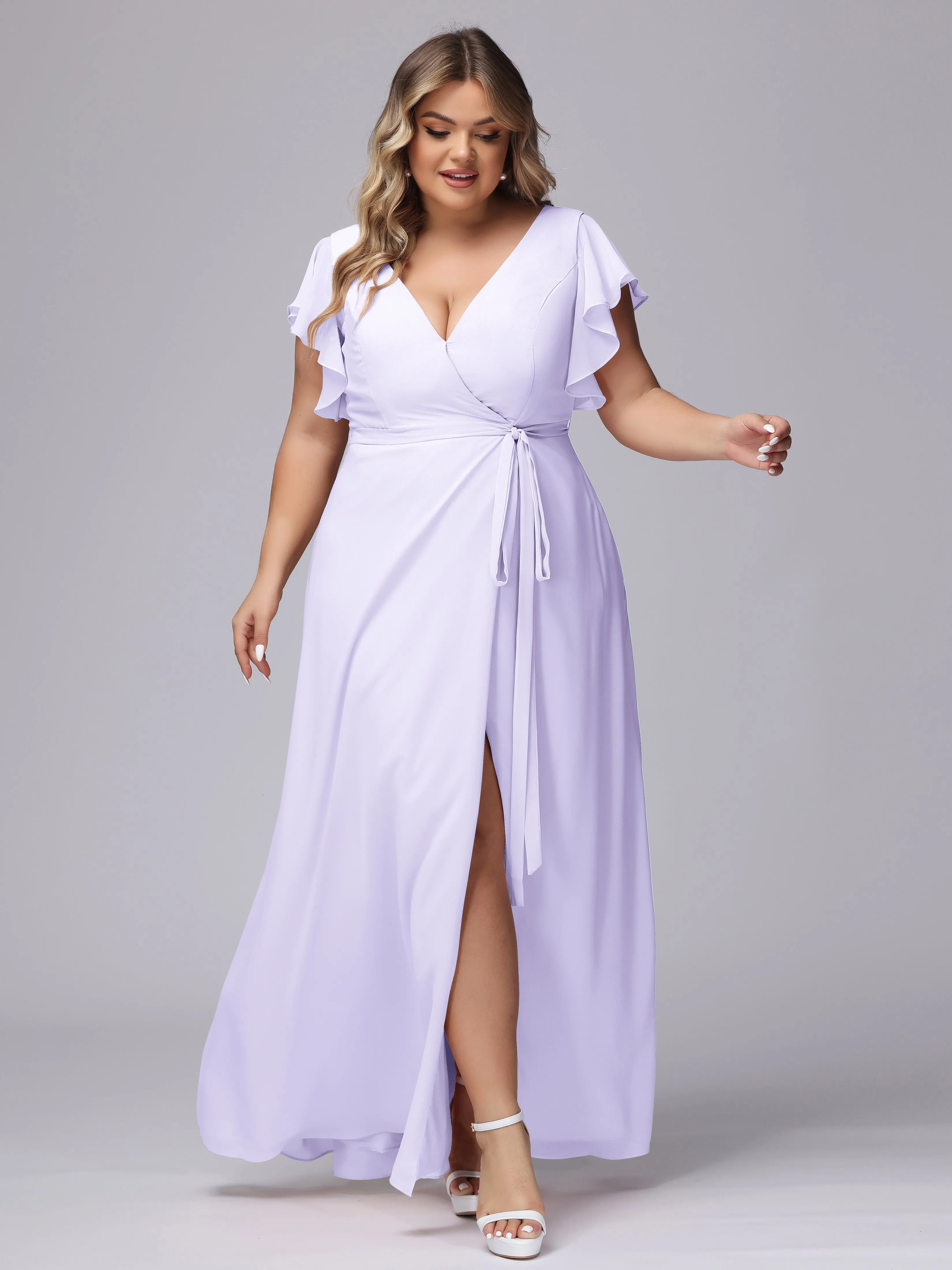 Simple V-neck Ruffled Sleeves Plus Size Chiffon Bridesmaid Dress