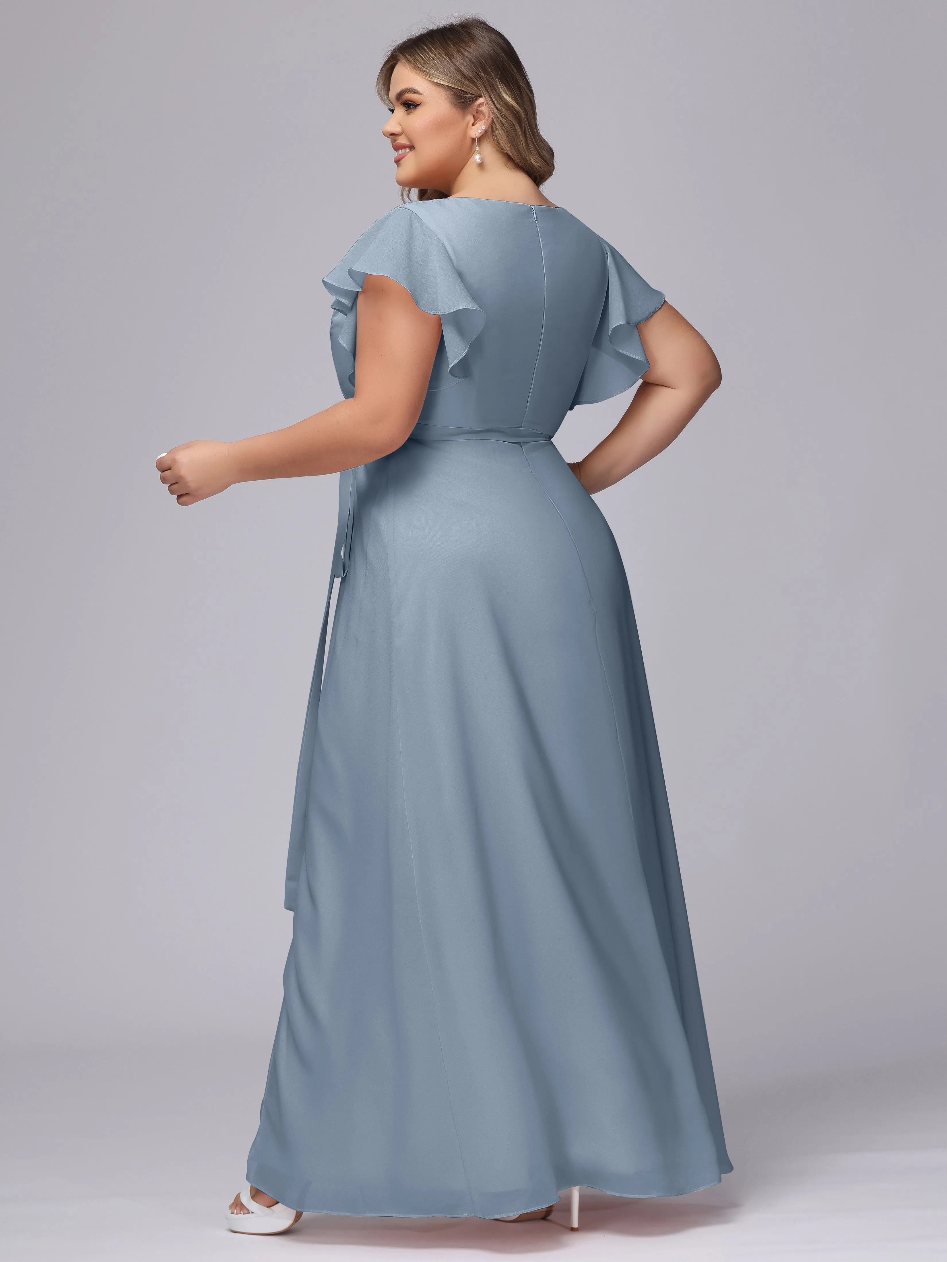 Simple V-neck Ruffled Sleeves Plus Size Chiffon Bridesmaid Dress