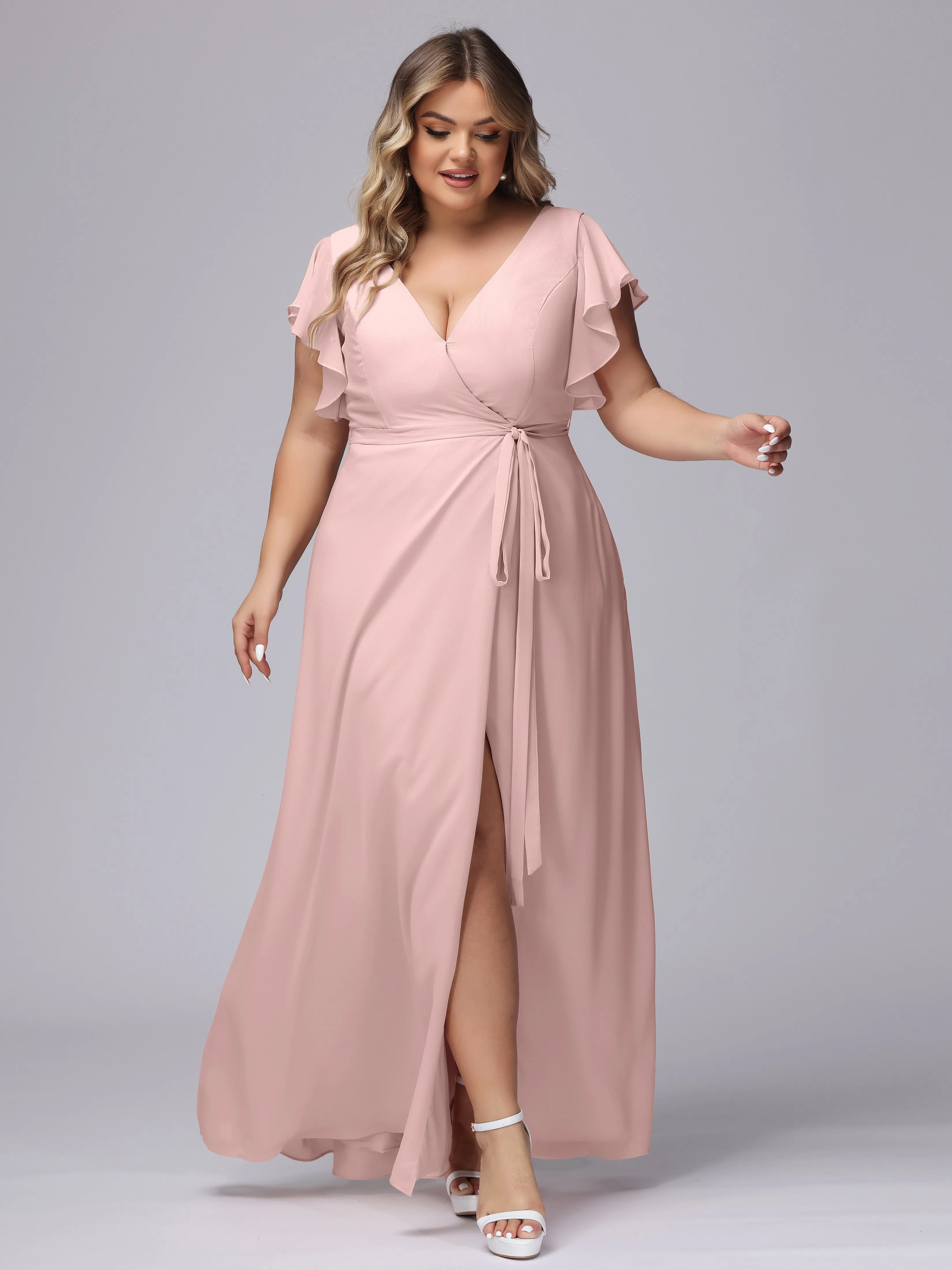 Simple V-neck Ruffled Sleeves Plus Size Chiffon Bridesmaid Dress
