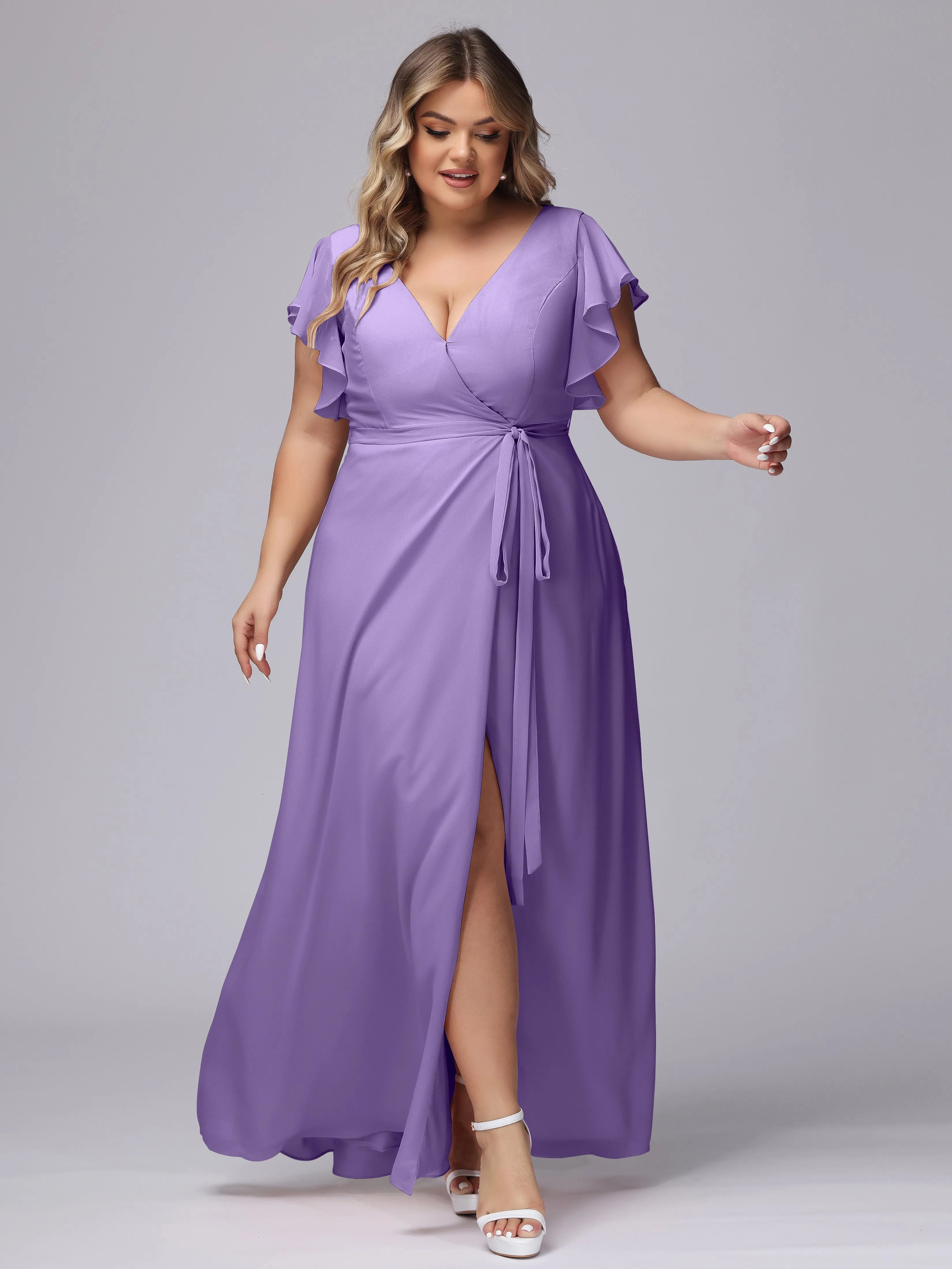 Simple V-neck Ruffled Sleeves Plus Size Chiffon Bridesmaid Dress