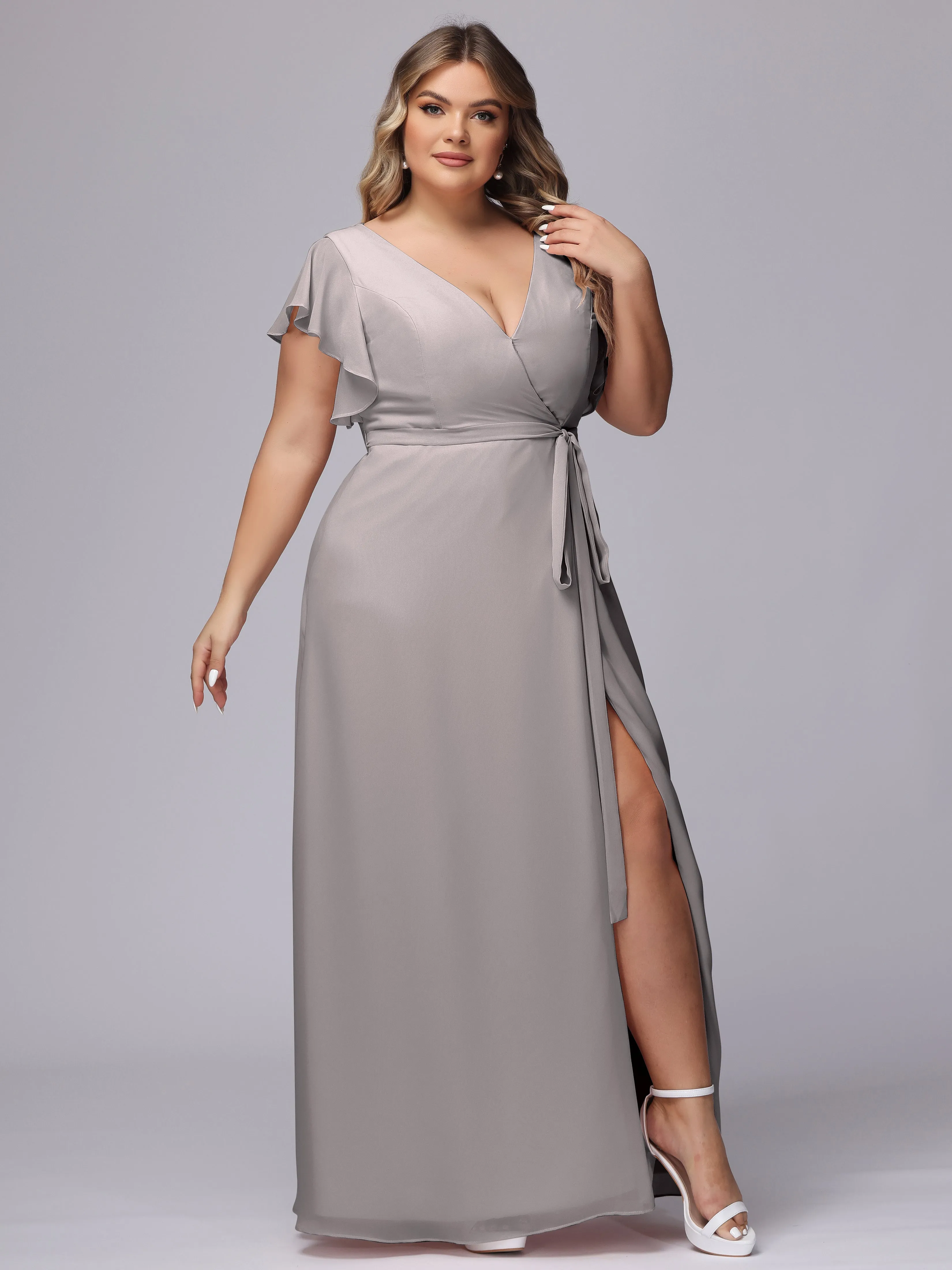 Simple V-neck Ruffled Sleeves Plus Size Chiffon Bridesmaid Dress