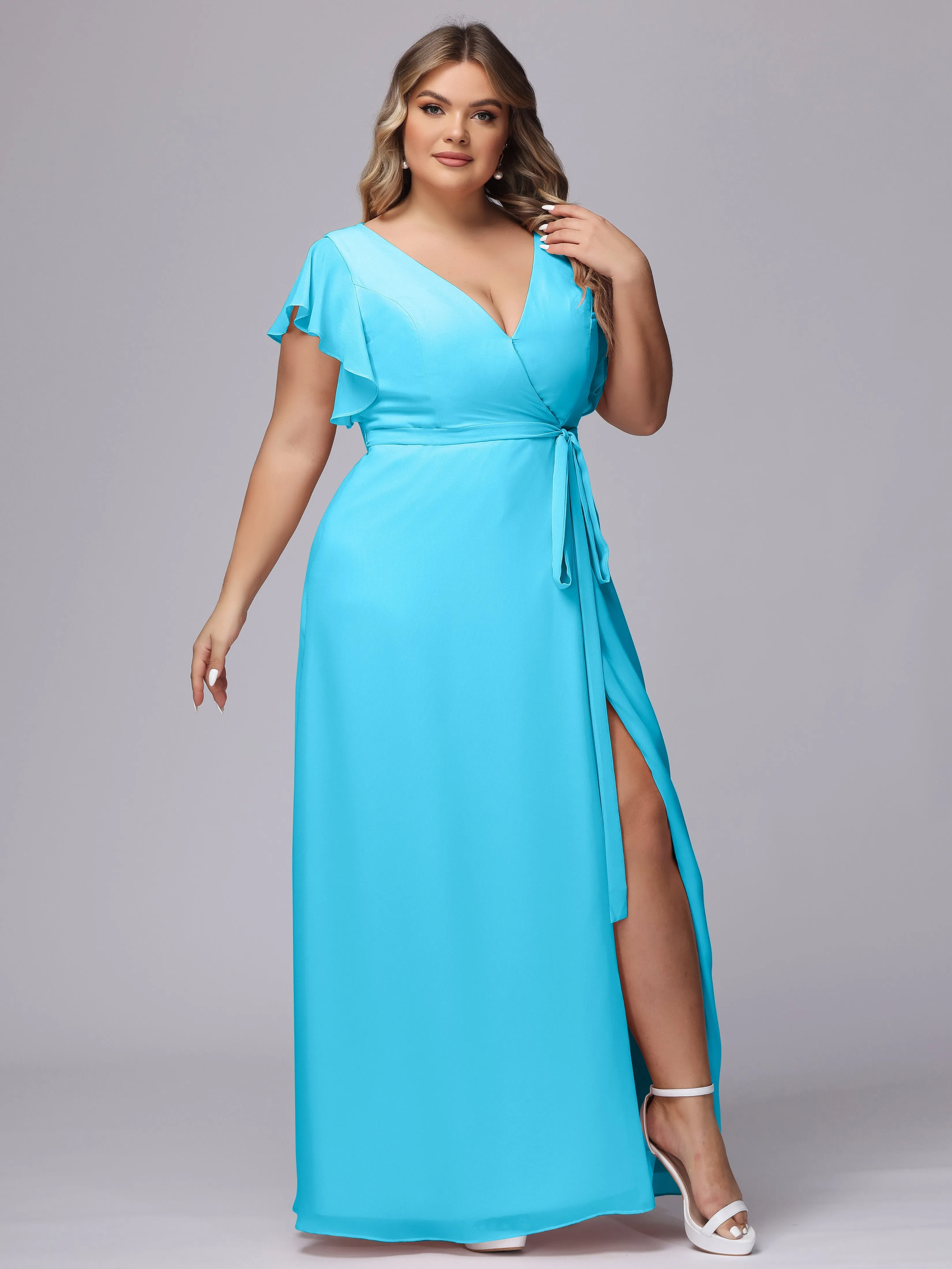 Simple V-neck Ruffled Sleeves Plus Size Chiffon Bridesmaid Dress