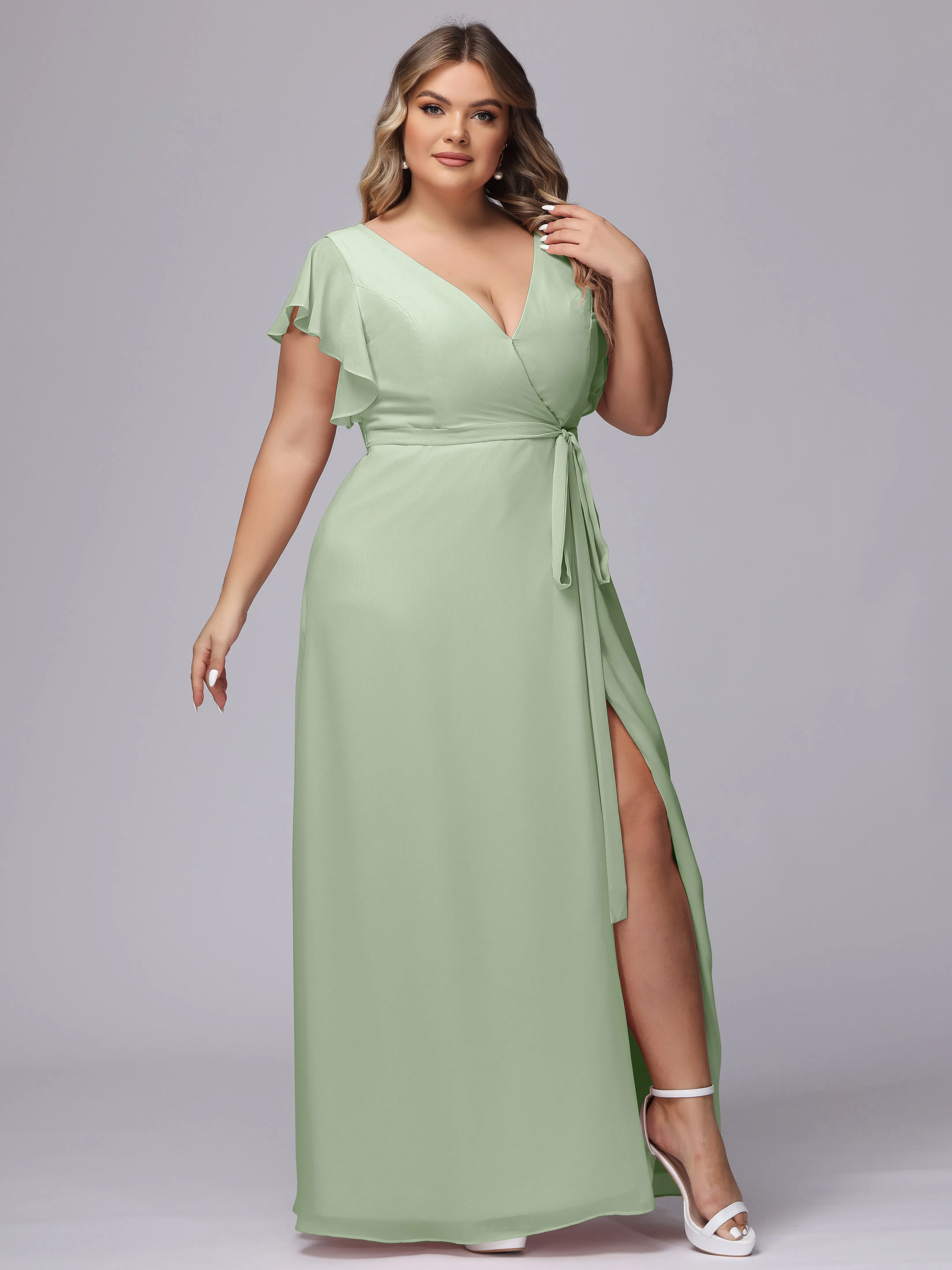 Simple V-neck Ruffled Sleeves Plus Size Chiffon Bridesmaid Dress
